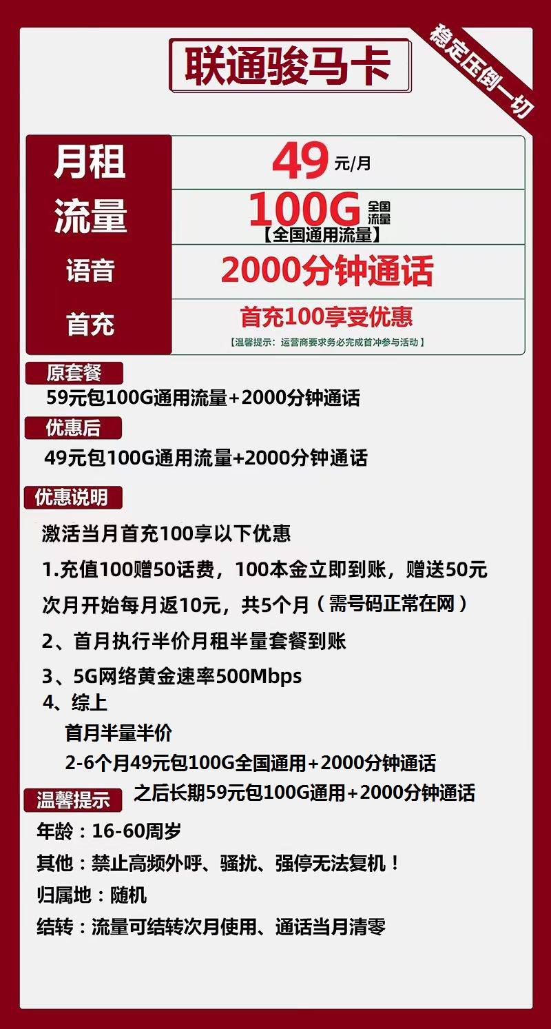 联通骏马卡49元/月：100G流量+2000分钟通话（第7个月起59元月租，长期套餐，流量可结转，500M黄金速率）