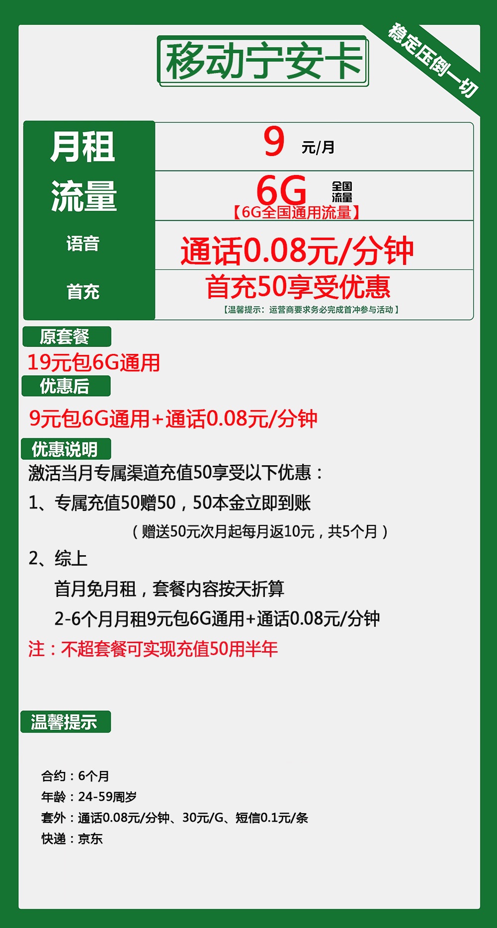 移动宁安卡9元/月：6G流量+通话0.08元/分钟（低月租，充值50元用6个月）