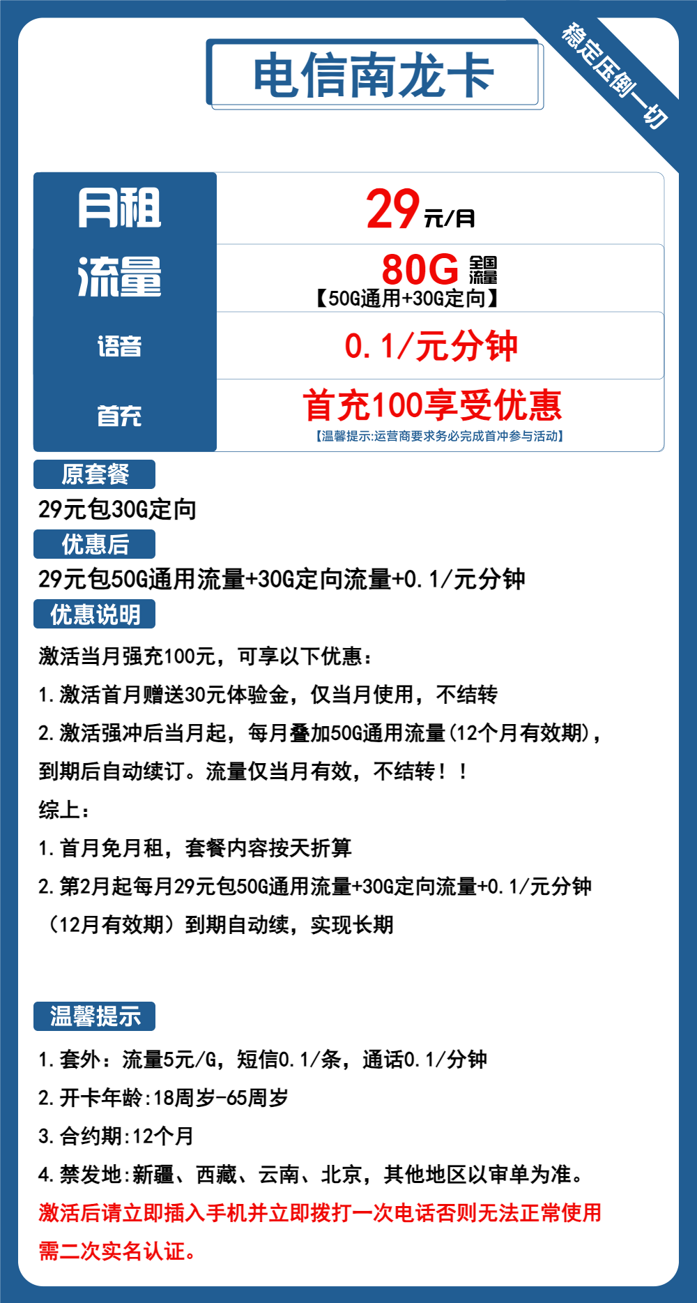 电信南龙卡①29元/月：80G流量+通话0.1元/分钟（长期套餐，可选号）