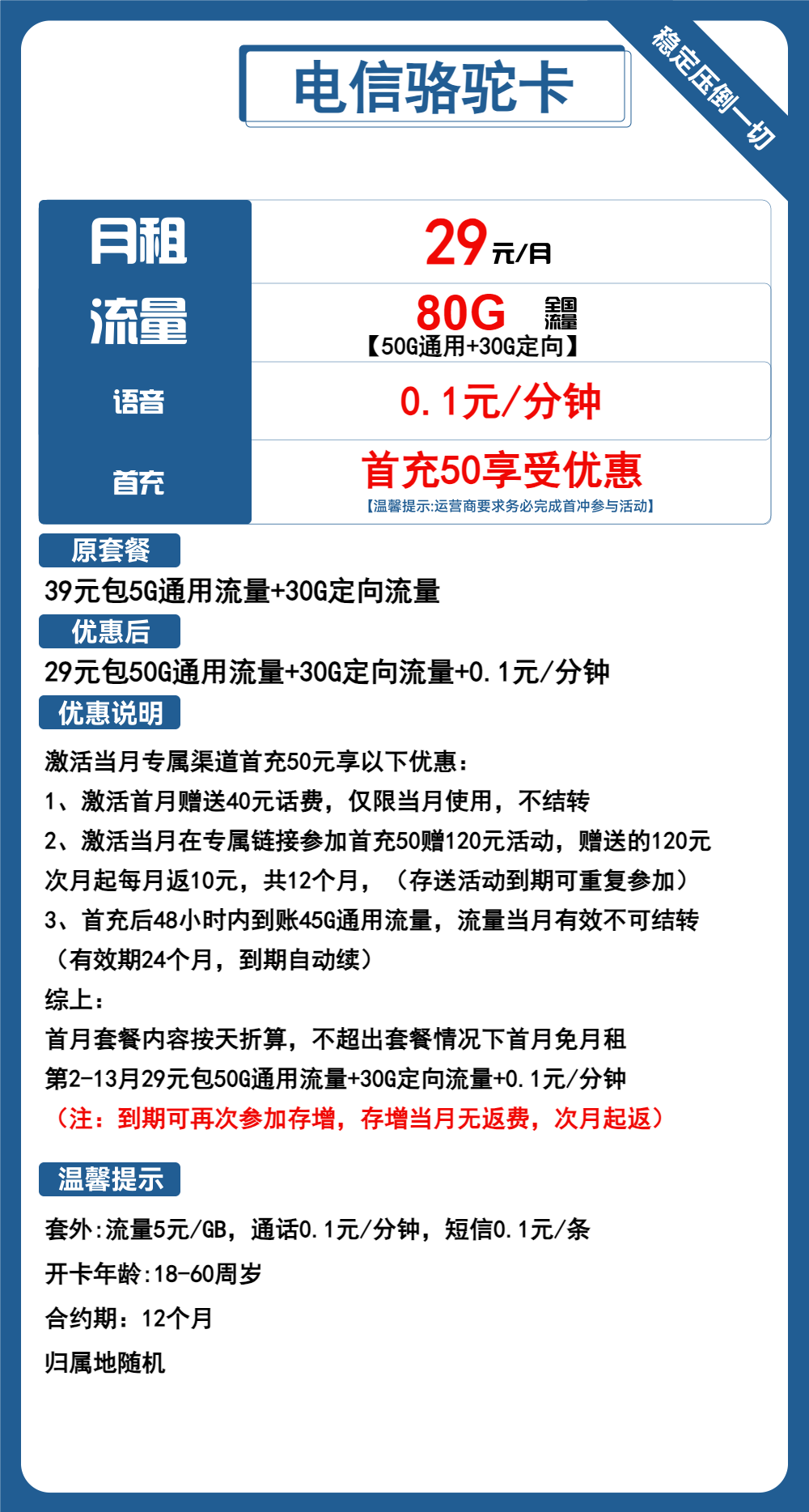 电信骆驼卡29元/月：80G流量+通话0.1元/分钟（长期套餐，激活选号）