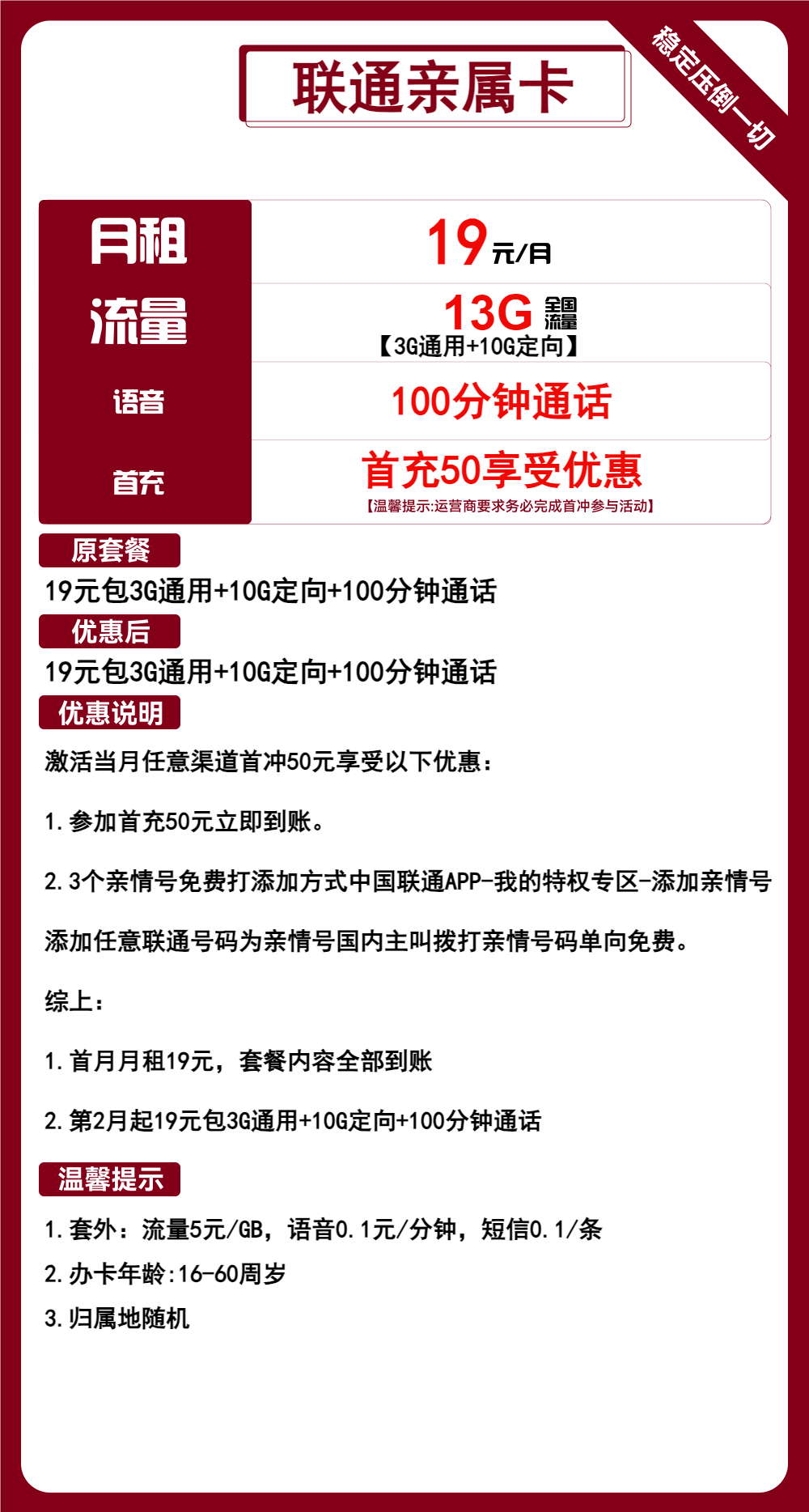 联通亲属卡19元/月：13G流量+100分钟通话（长期套餐，低月租，可选号）