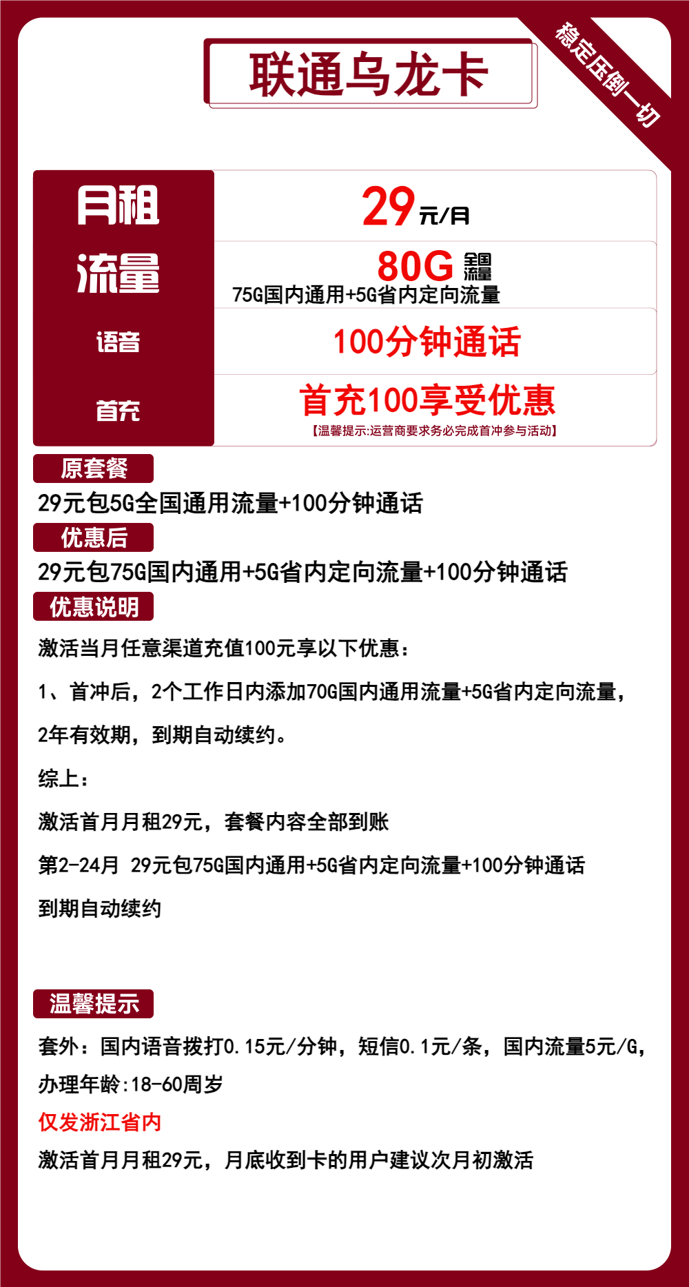 联通乌龙卡29元/月：80G流量+100分钟通话（长期套餐，5G黄金速率，仅发浙江省内）