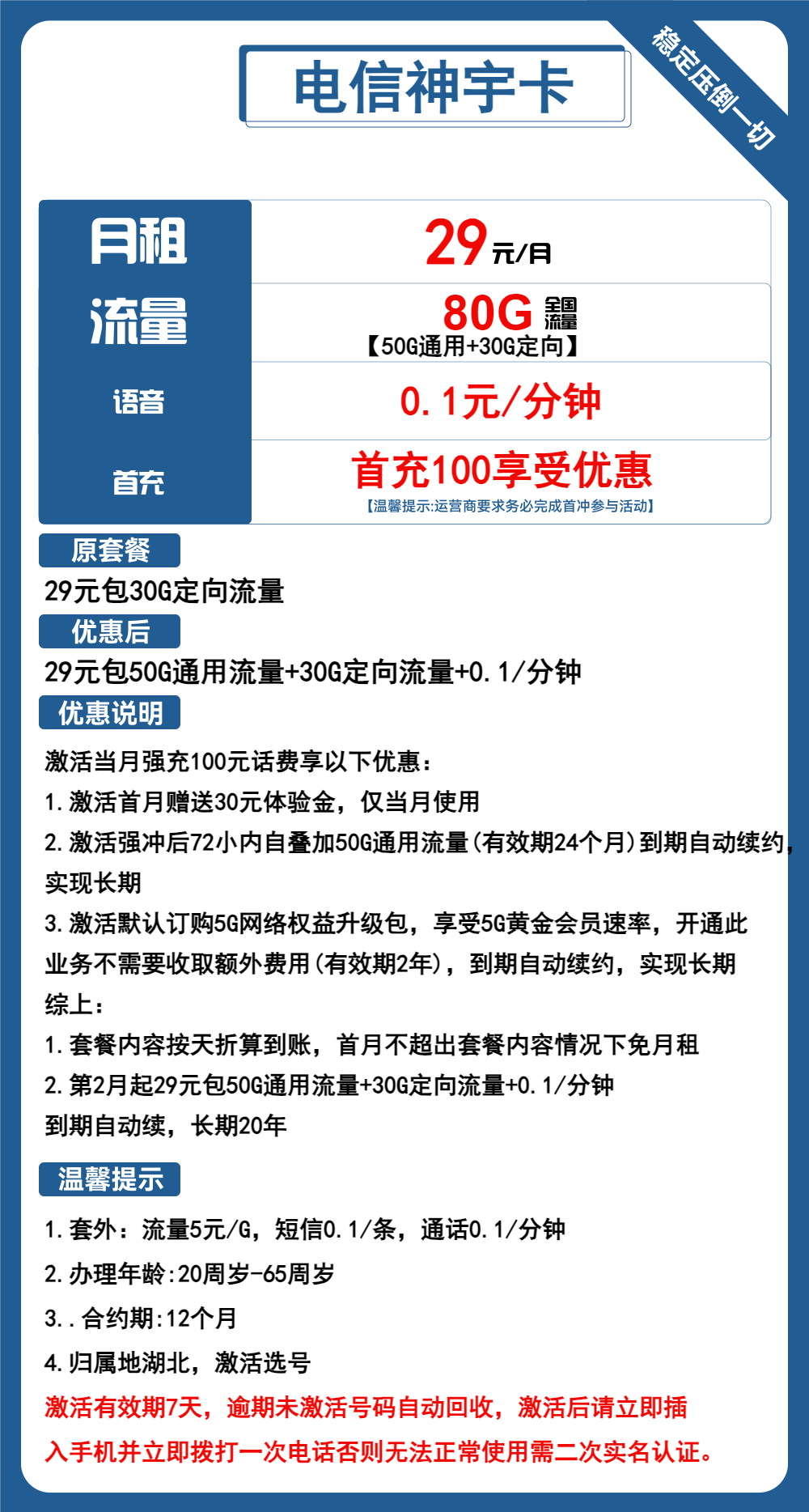 电信神宇卡29元/月：80G流量+通话0.1元/分钟（长期套餐，激活选号）