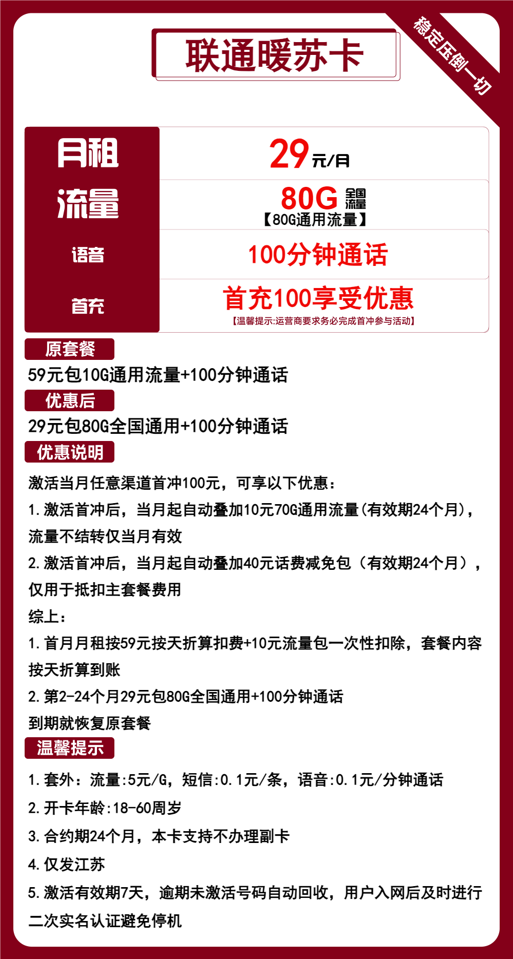 联通暖苏卡29元/月：80G流量+100分钟通话（2年套餐，仅发江苏省内）