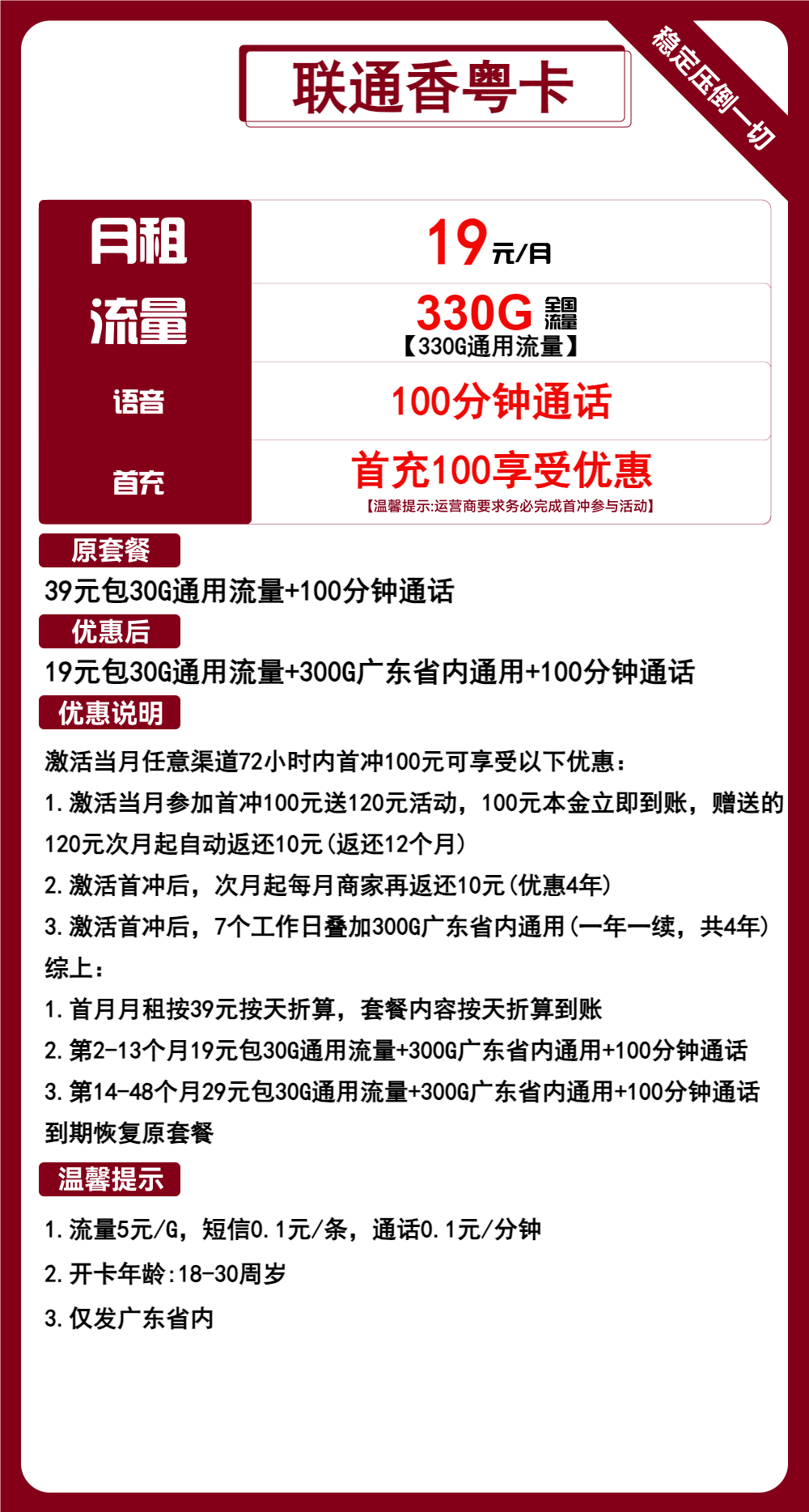 联通香粤卡19元/月：330G流量+100分钟通话（第14个月起29元月租，4年套餐，大流量卡，仅发广东省内）