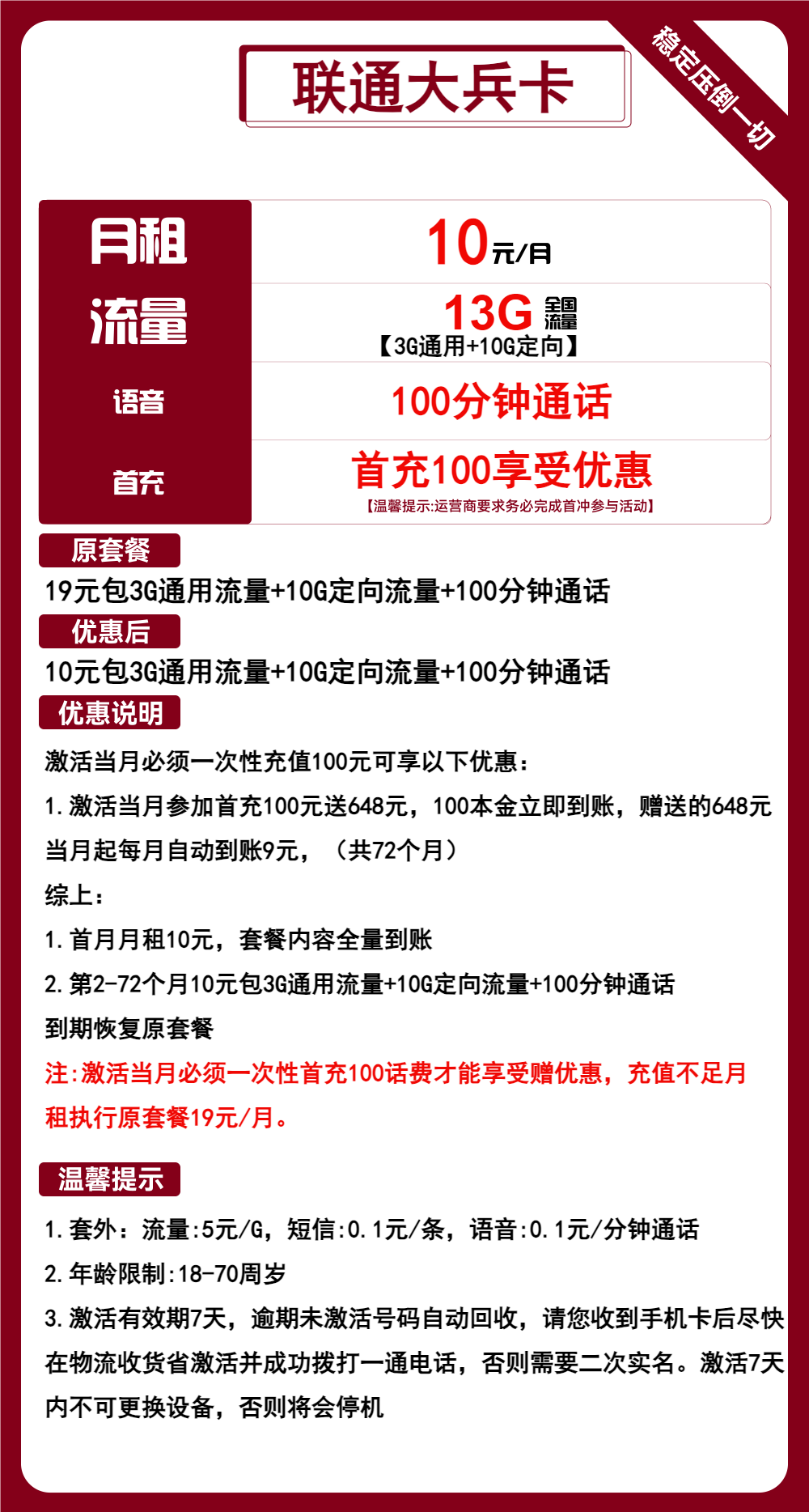 联通大兵卡10元/月：13G流量+100分钟通话（6年套餐，可选号）