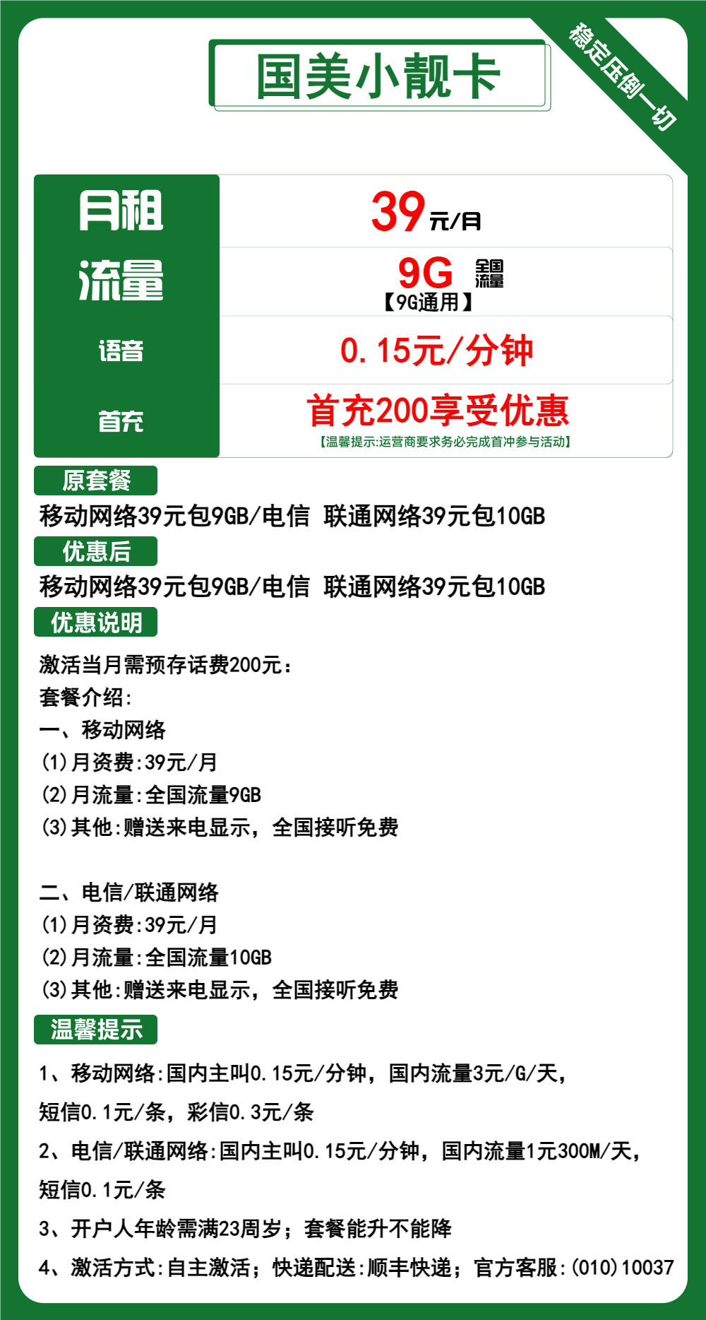 移动国美小靓卡39元/月：9G流量+0.15元/分钟通话（长期套餐，AAA靓号）