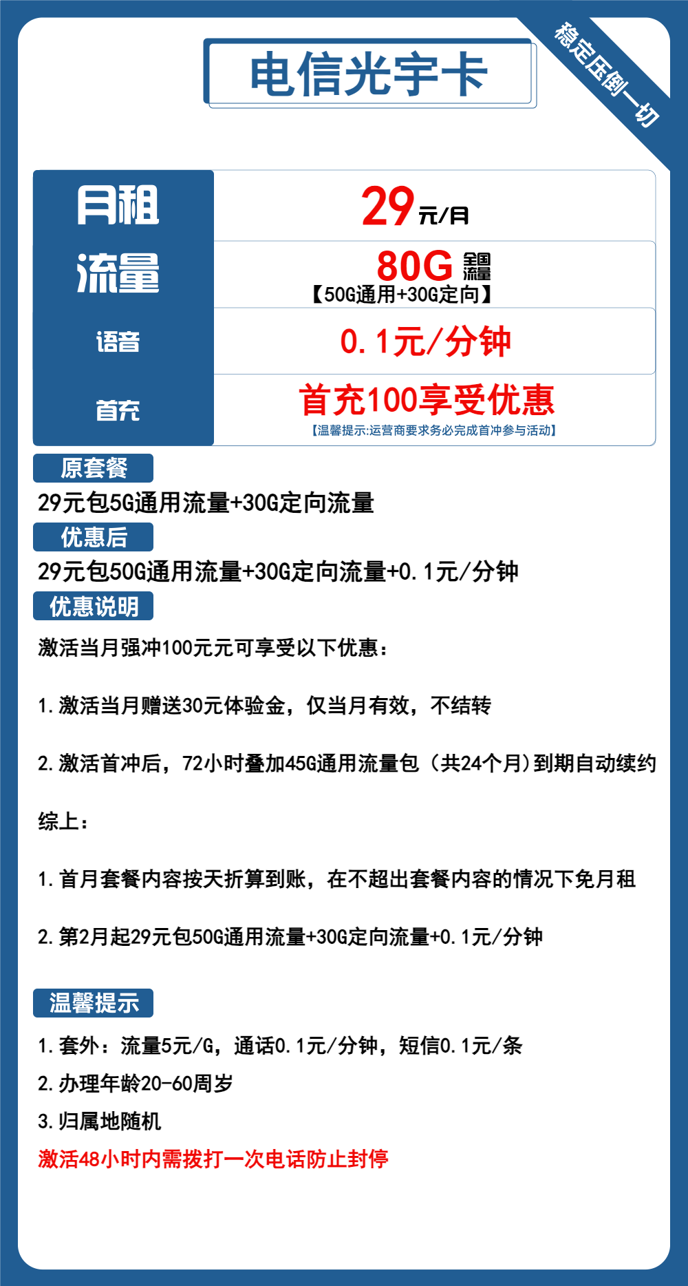 电信光宇卡29元/月：80G流量+通话0.1元/分钟（长期套餐）