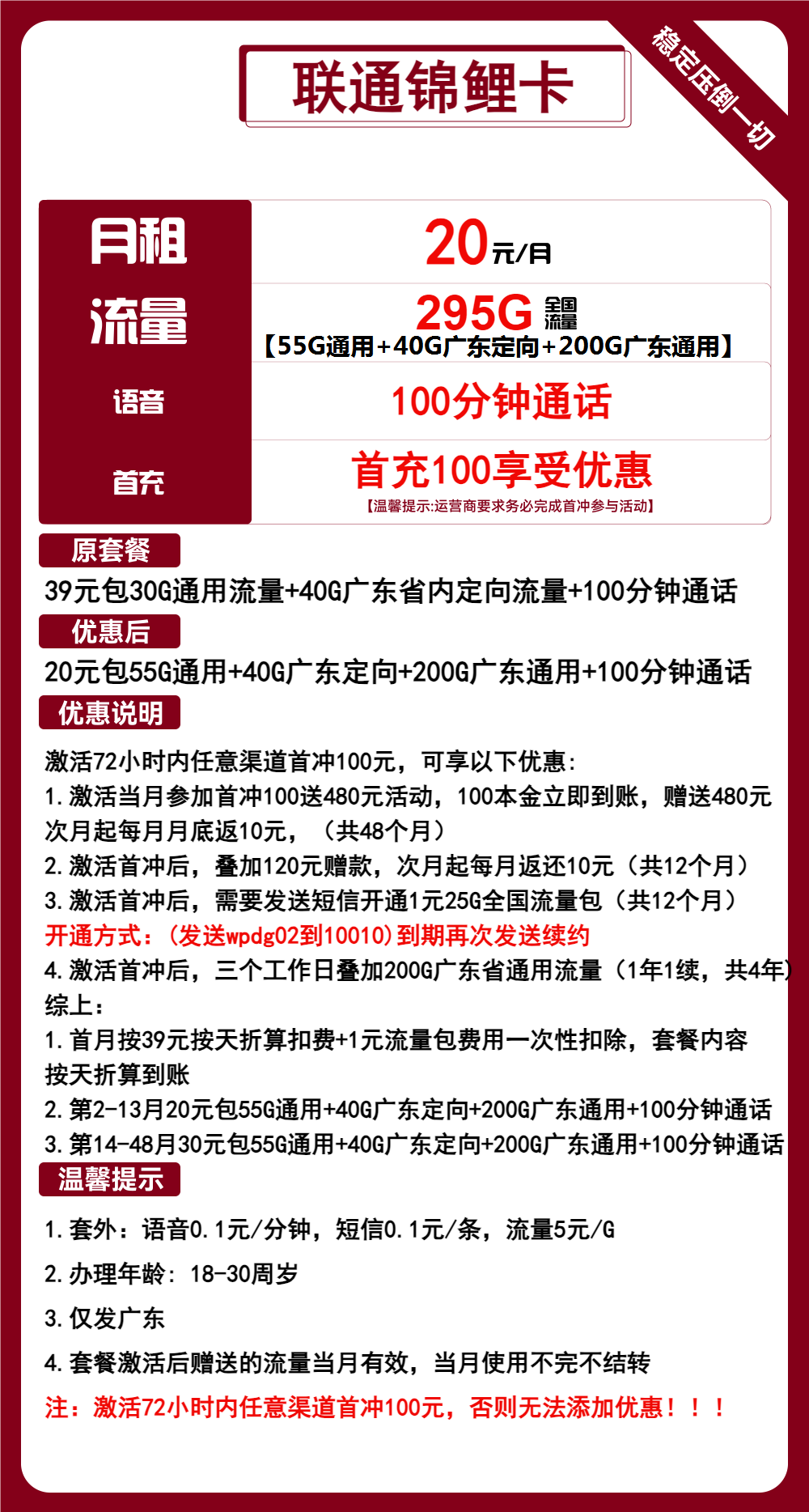 联通锦鲤卡20元/月：295G流量+100分钟通话（第14个月起30元月租，4年套餐，仅发广东省内）