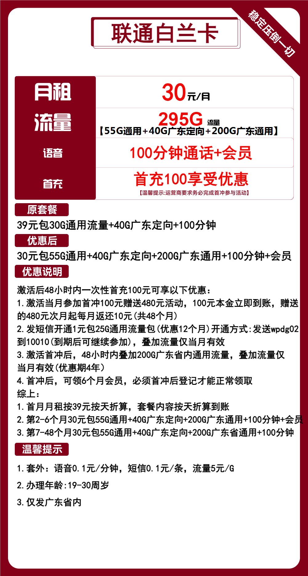 联通白兰卡30元/月：295G流量+100分钟通话+会员（4年套餐，送6个月视频会员，仅发广东省内）