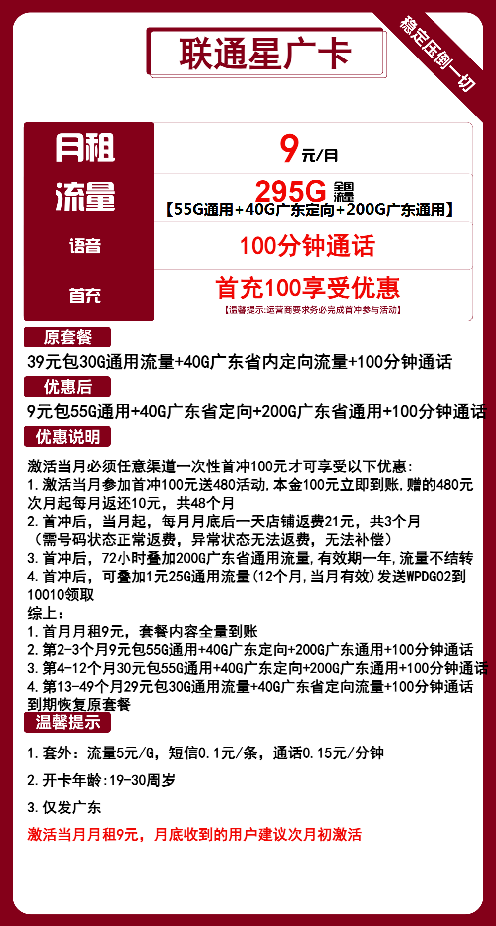 联通星广卡9元/月：295G流量+100分钟（第4个月起30元月租，4年套餐，仅发广东省内）