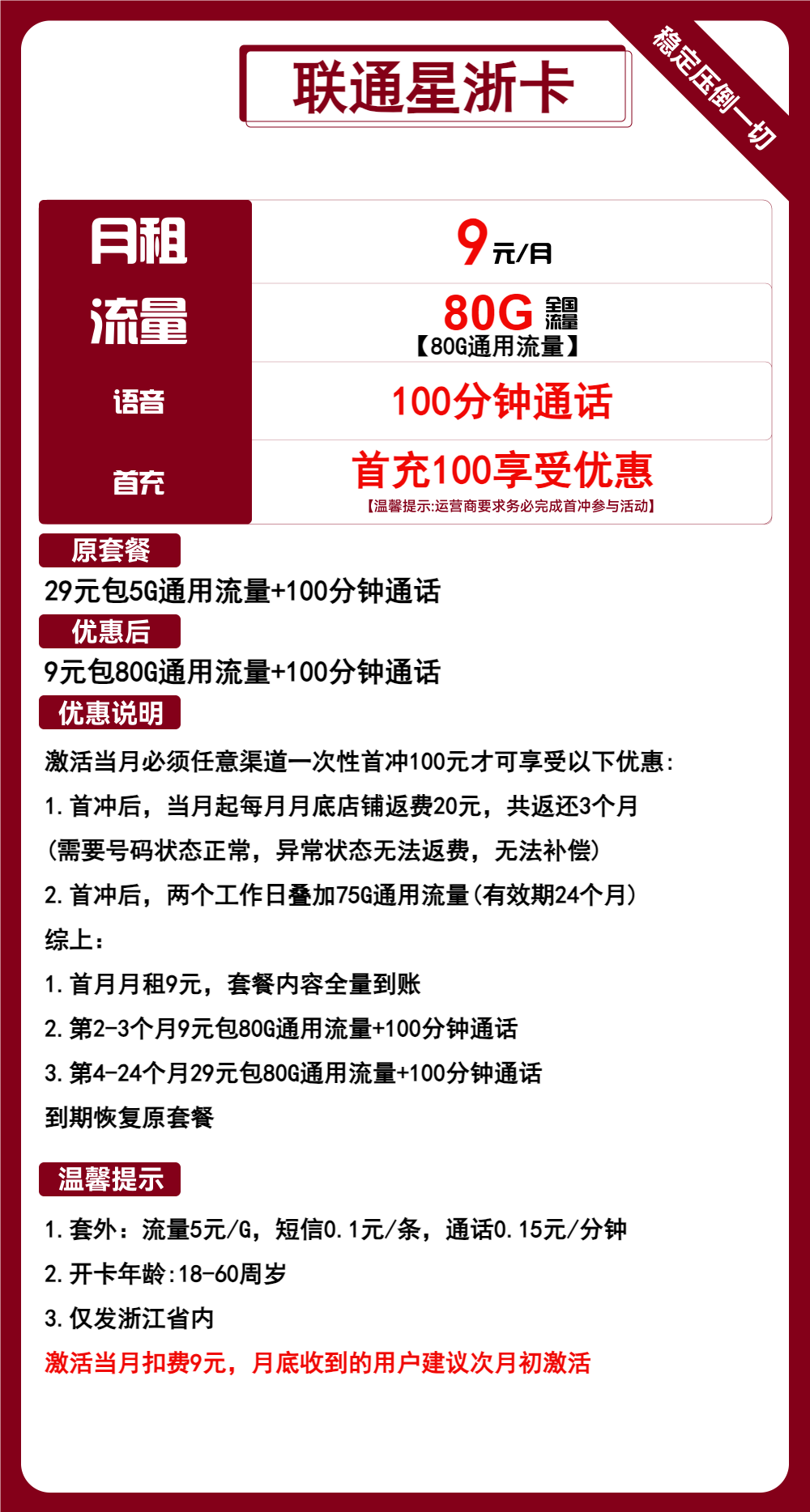 联通星浙卡9元/月：80G流量+100分钟通话（2年套餐，仅发浙江省内）