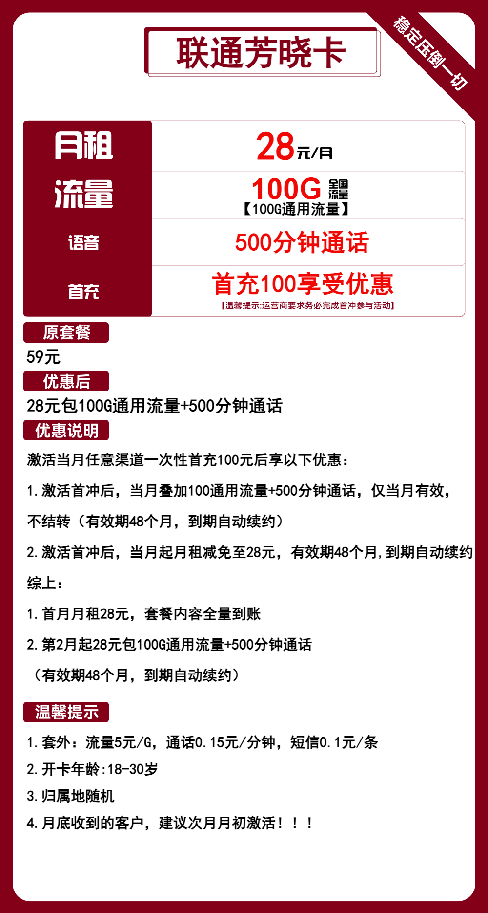 联通芳晓卡①28元/月：100G流量+500分钟通话（，长期套餐，仅发浙江省内）