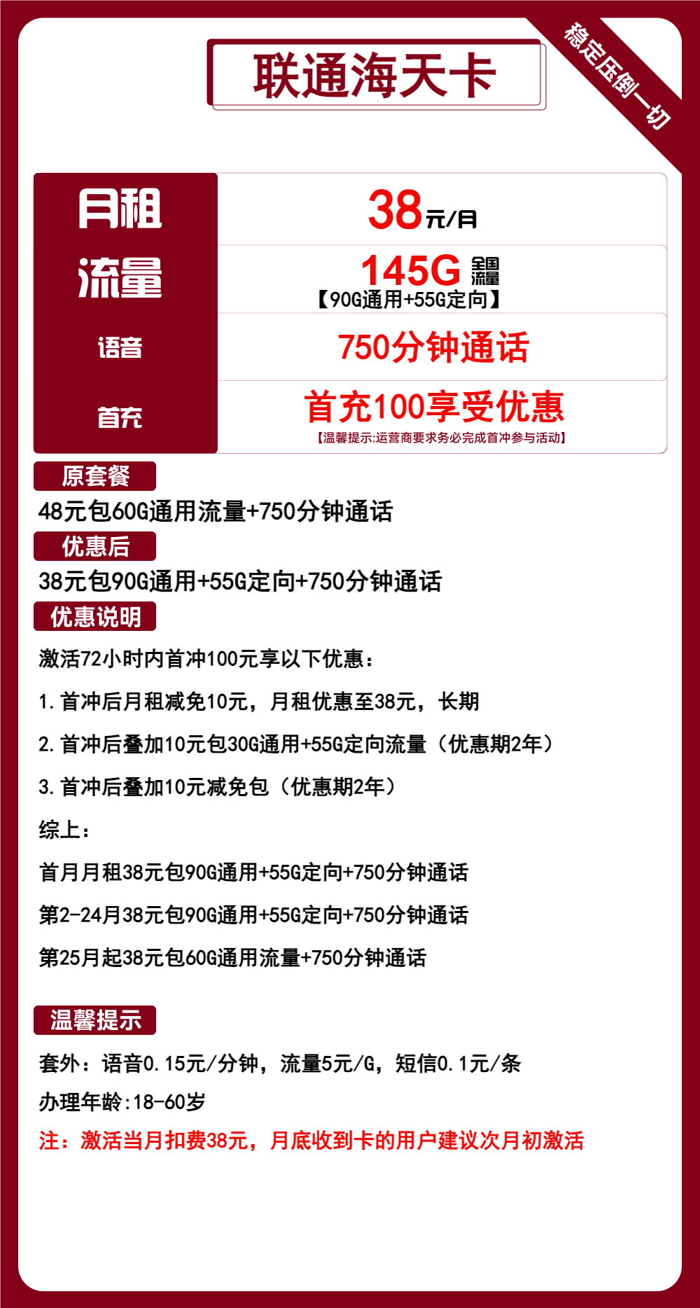 联通海天卡②38元/月：145G流量+750分钟通话（2年套餐）