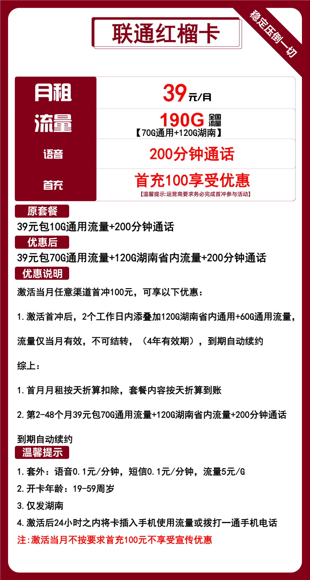 联通红榴卡39元/月：190G流量+200分钟通话（长期套餐，仅发湖南省内）