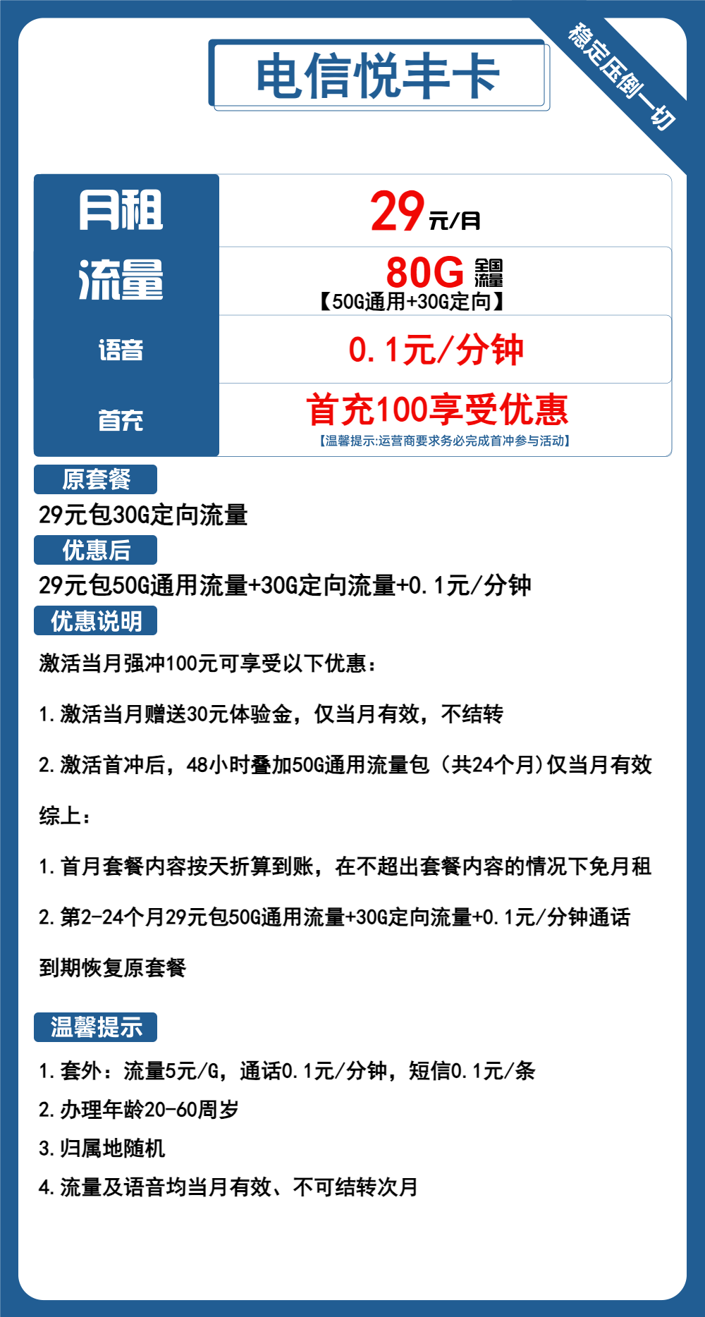 电信悦丰卡29元/月：80G流量+通话0.1元/分钟（2年套餐）