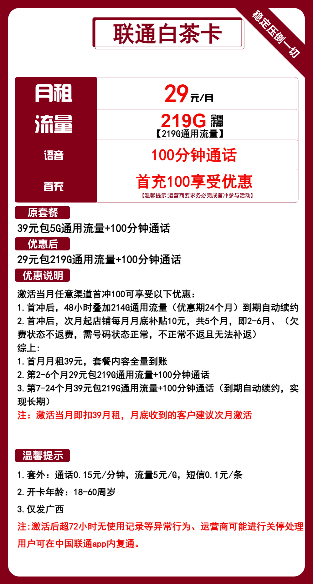 联通白茶卡①29元/月：219G流量+100分钟通话（第7个月起39元月租，长期套餐，仅发广西省内，可选号）