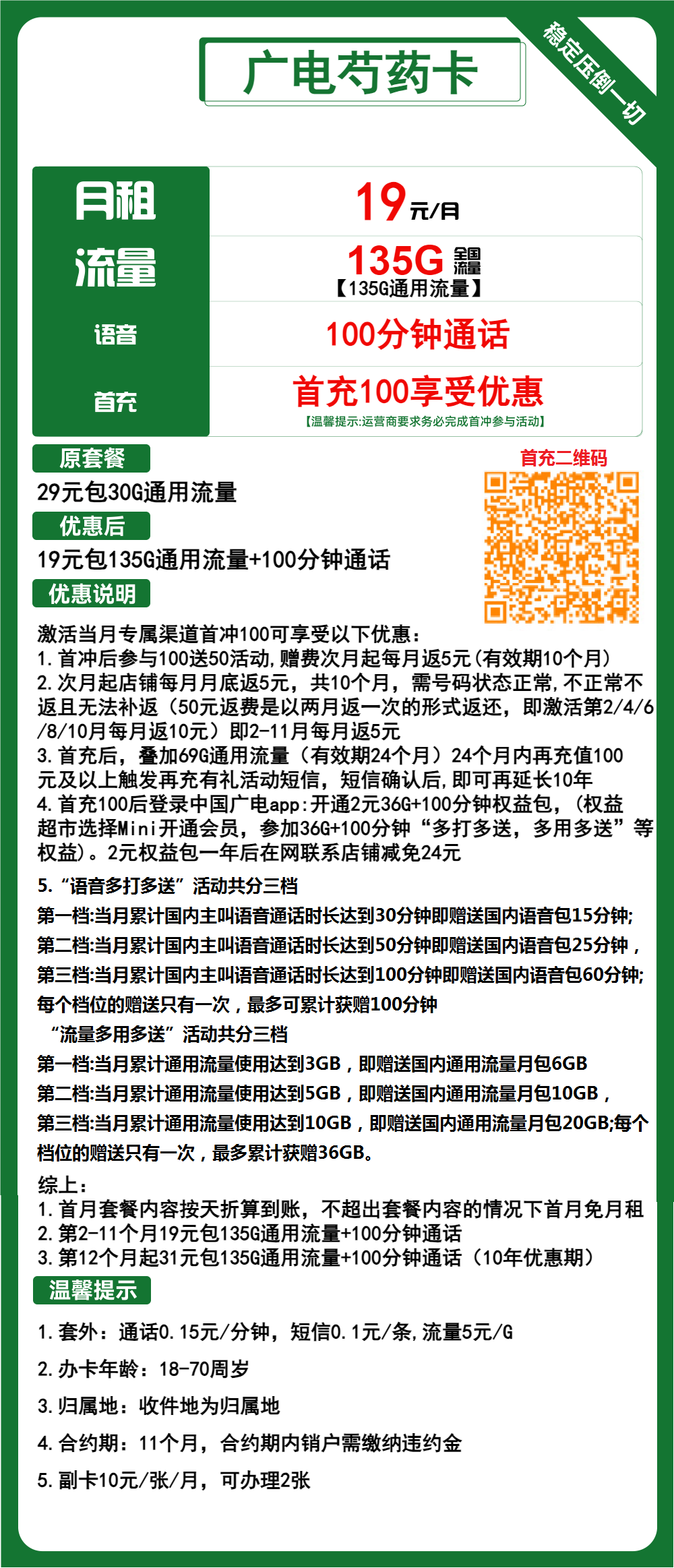 广电芍药卡①19元/月：135G流量+100分钟通话（第12个月起31元月租，长期套餐，收货地为归属地，可选号）