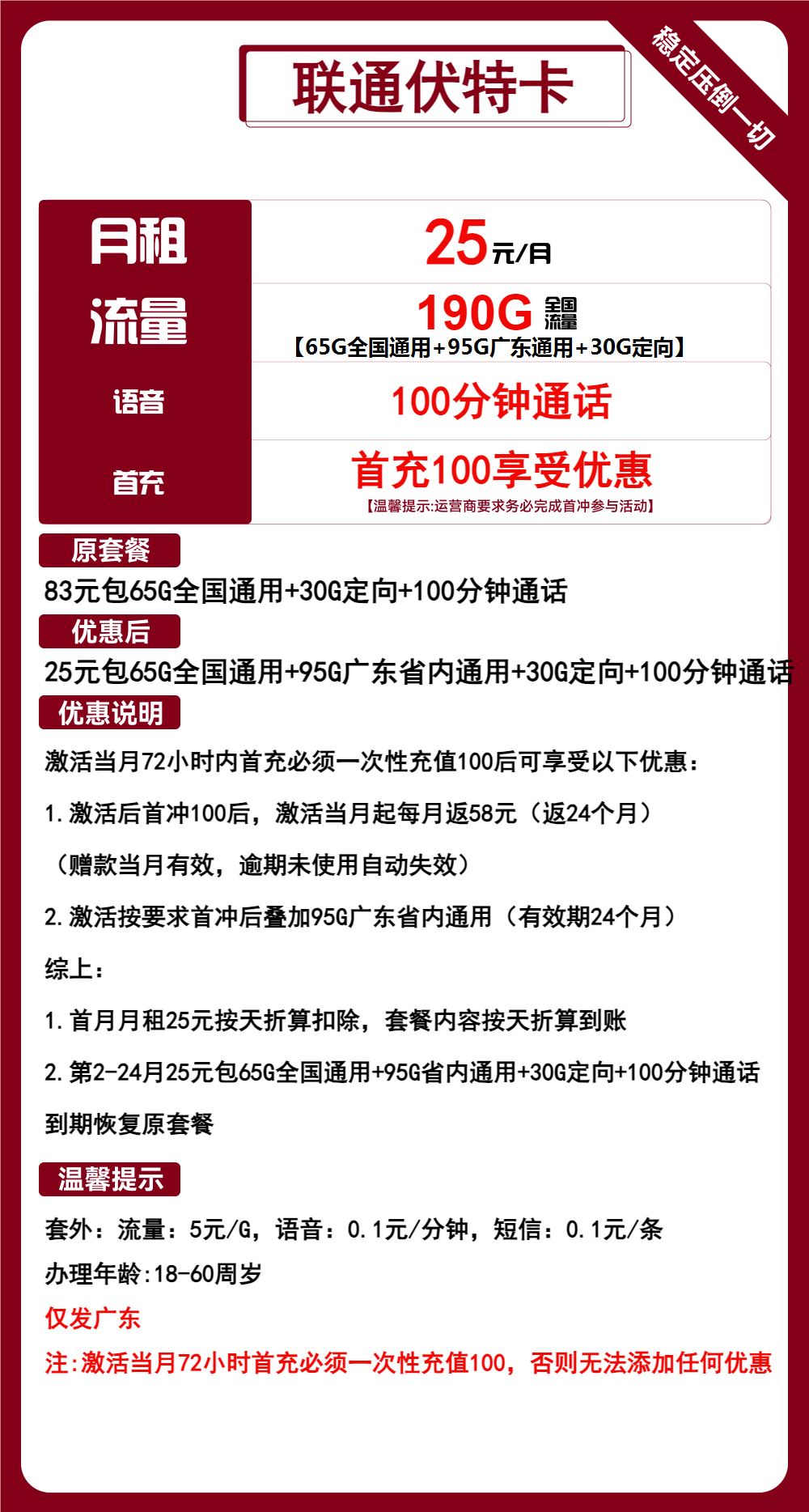 联通伏特卡25元/月：190G流量+100分钟通话（2年套餐，仅发广东省内）