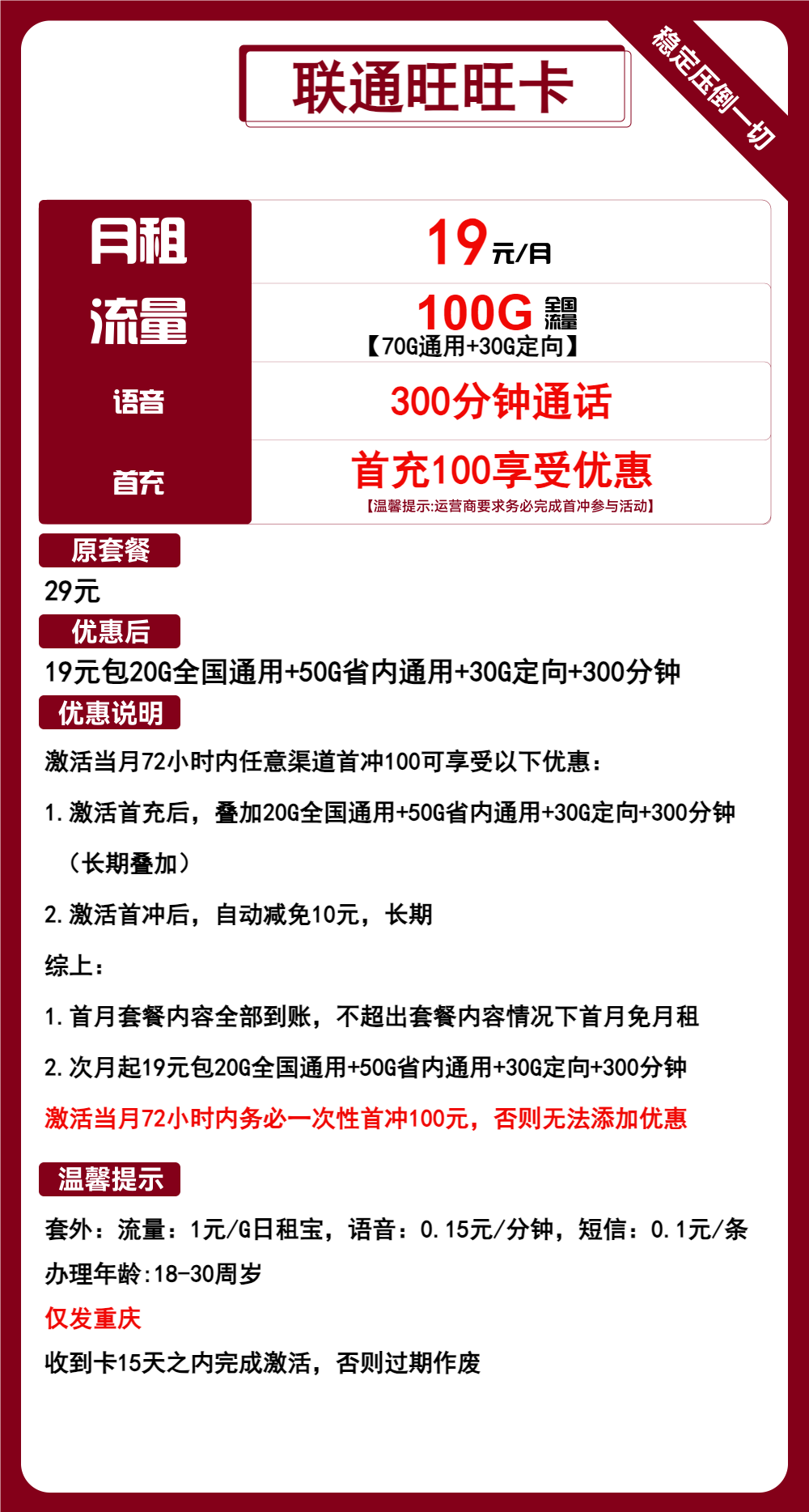 联通旺旺卡19元/月：100G流量+300分钟通话（长期套餐，仅发重庆市内）