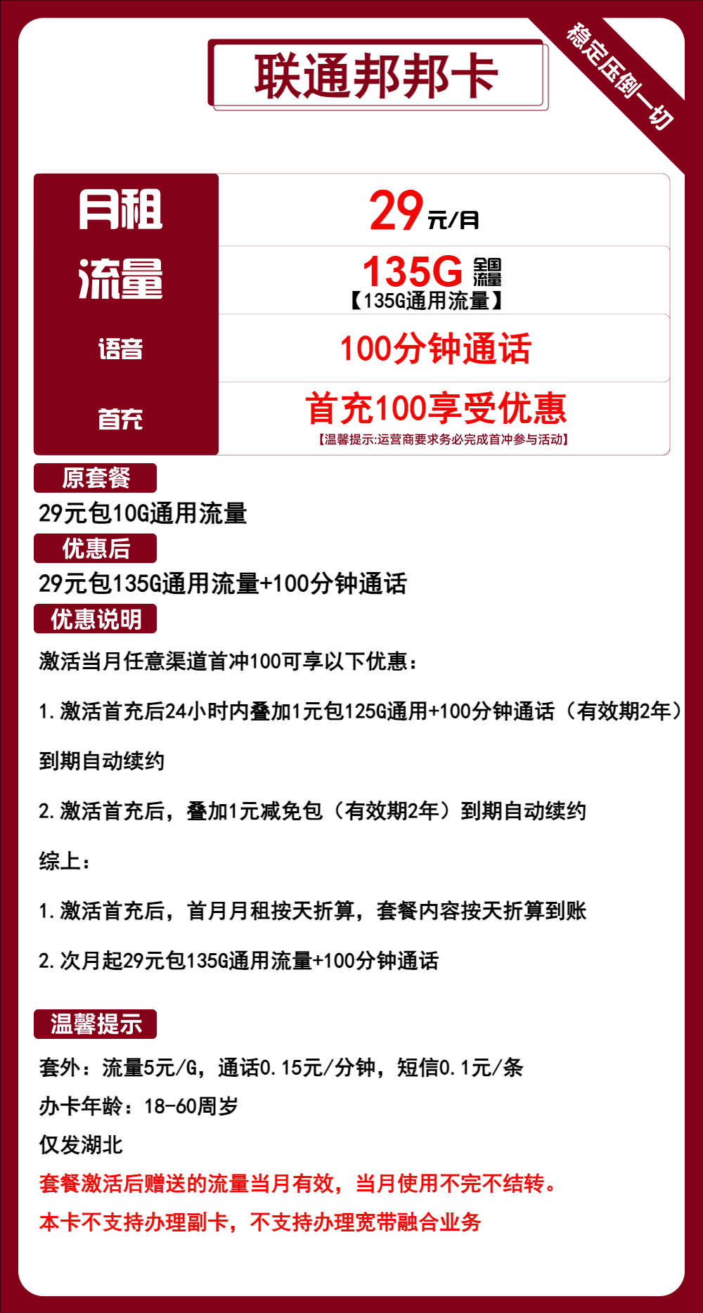 联通邦邦卡29元/月：135G流量+100分钟通话（长期套餐，仅发湖北省内，可选号）