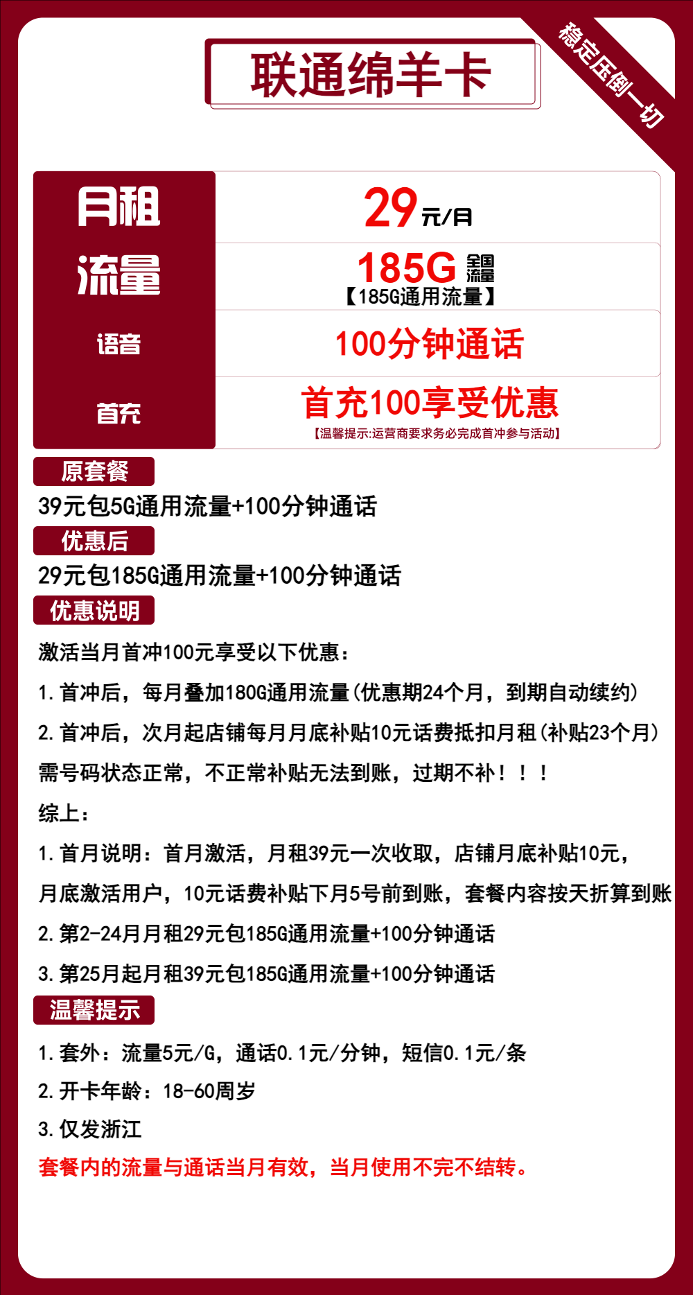 联通绵羊卡29元/月：185G流量+100分钟通话（第25个月起39元月租，长期套餐，仅发浙江省内）