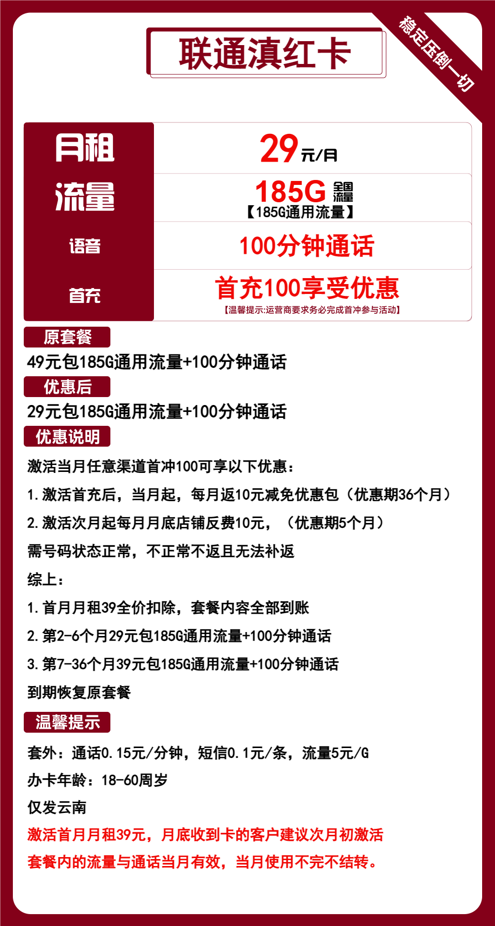 联通滇红卡29元/月：185G流量+100分钟通话（第7个月起39元月租，3年套餐，仅发云南省内）