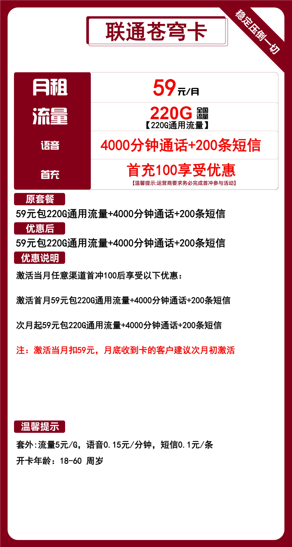 联通苍穹卡59元/月：220G流量+4000分钟通话+200条短信（长期套餐，大通话）