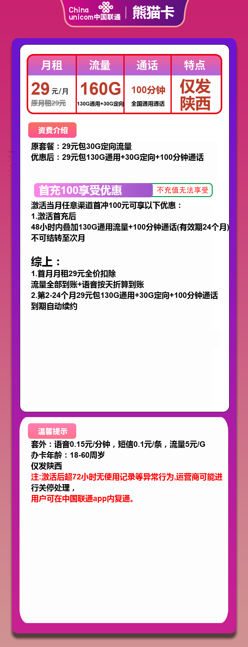 联通熊猫卡29元/月：160G流量+100分钟通话（长期套餐，仅发陕西省内，可选号）