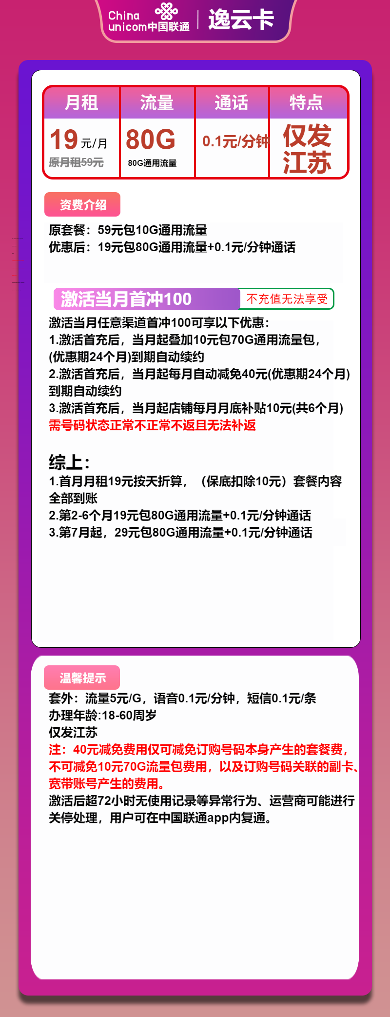 联通逸云卡①19元/月：80G流量+通话0.1元/分钟（第7个月起29元月租，长期套餐，仅发江苏省内，可选号）