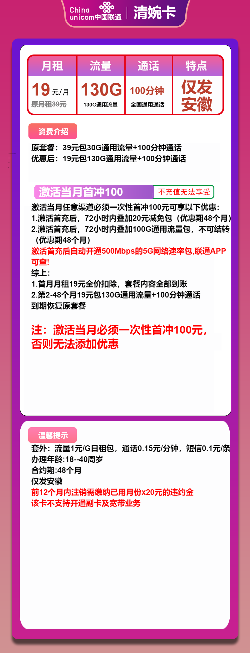 联通清婉卡19元/月：130G流量+100分钟通话（4年套餐，500Mbps速率，仅发安徽省内）