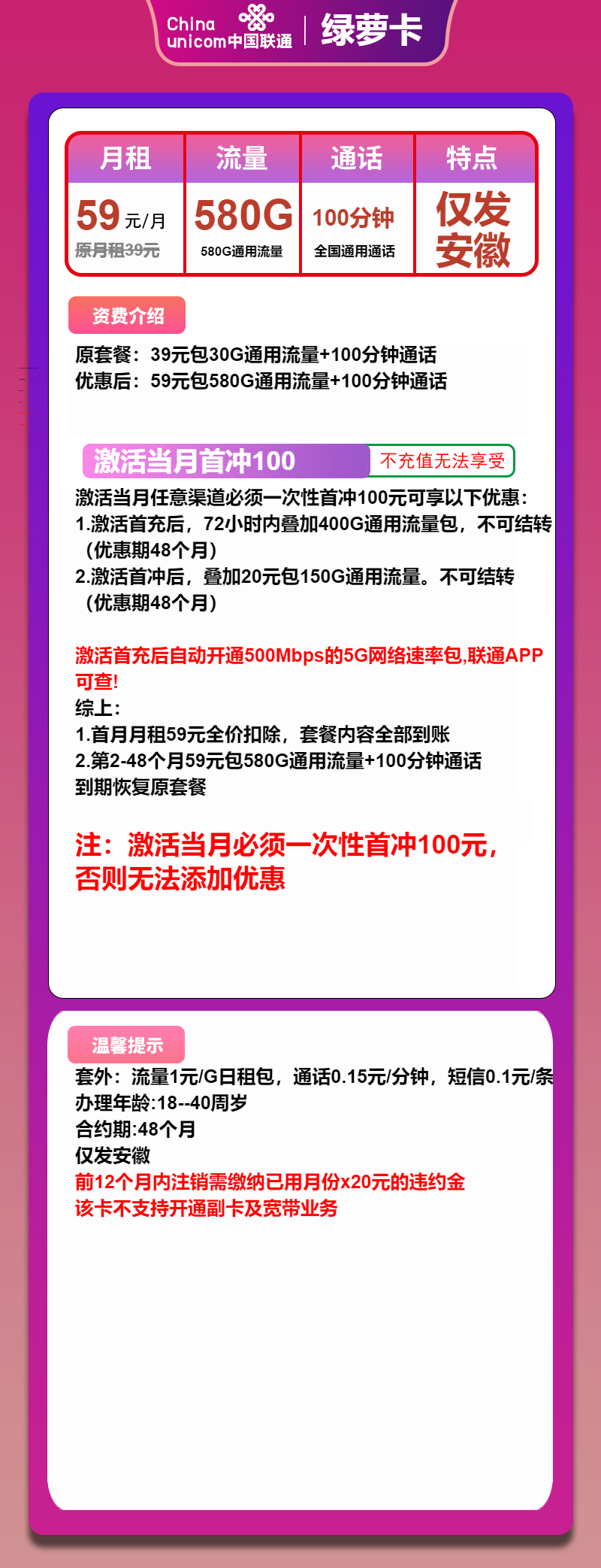 联通绿萝卡59元/月：580G流量+100分钟通话(4年套餐，500Mbps速率，仅发安徽省内)