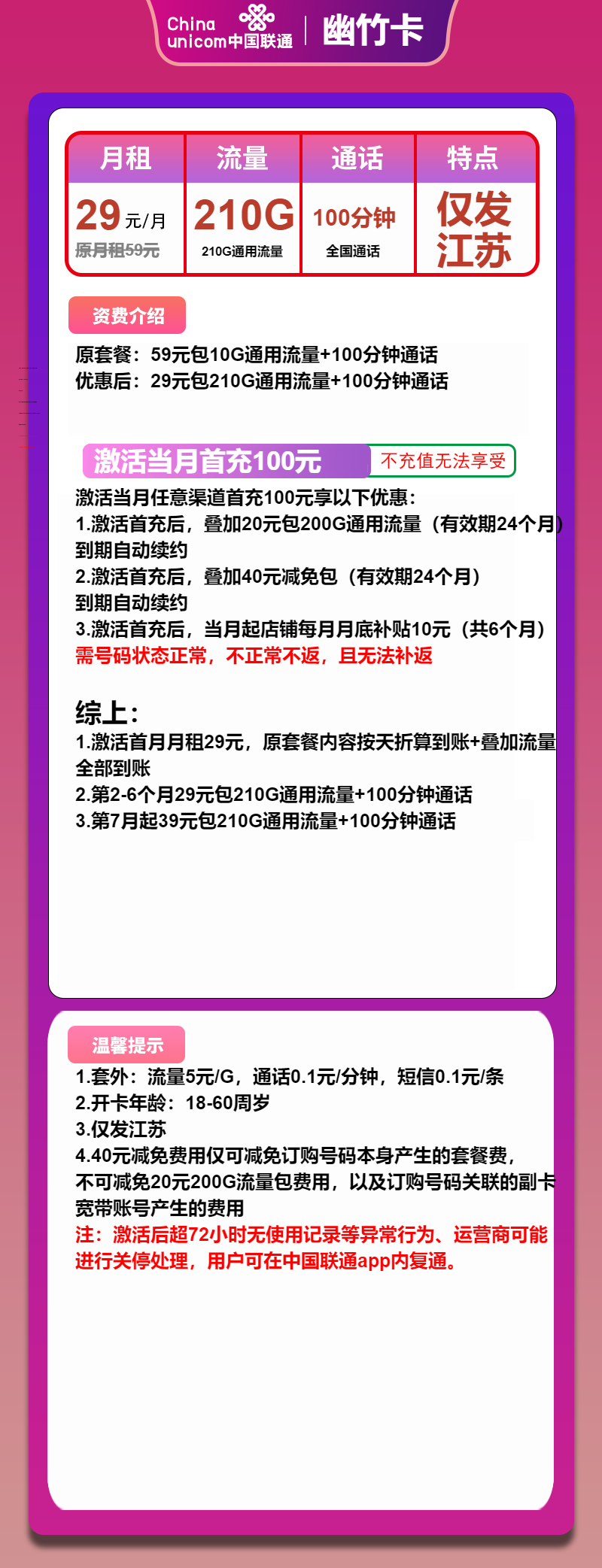 联通幽竹卡②29元/月：210G流量+100分钟通话（第7个月起39元月租，长期套餐，仅发江苏省内，可选号）