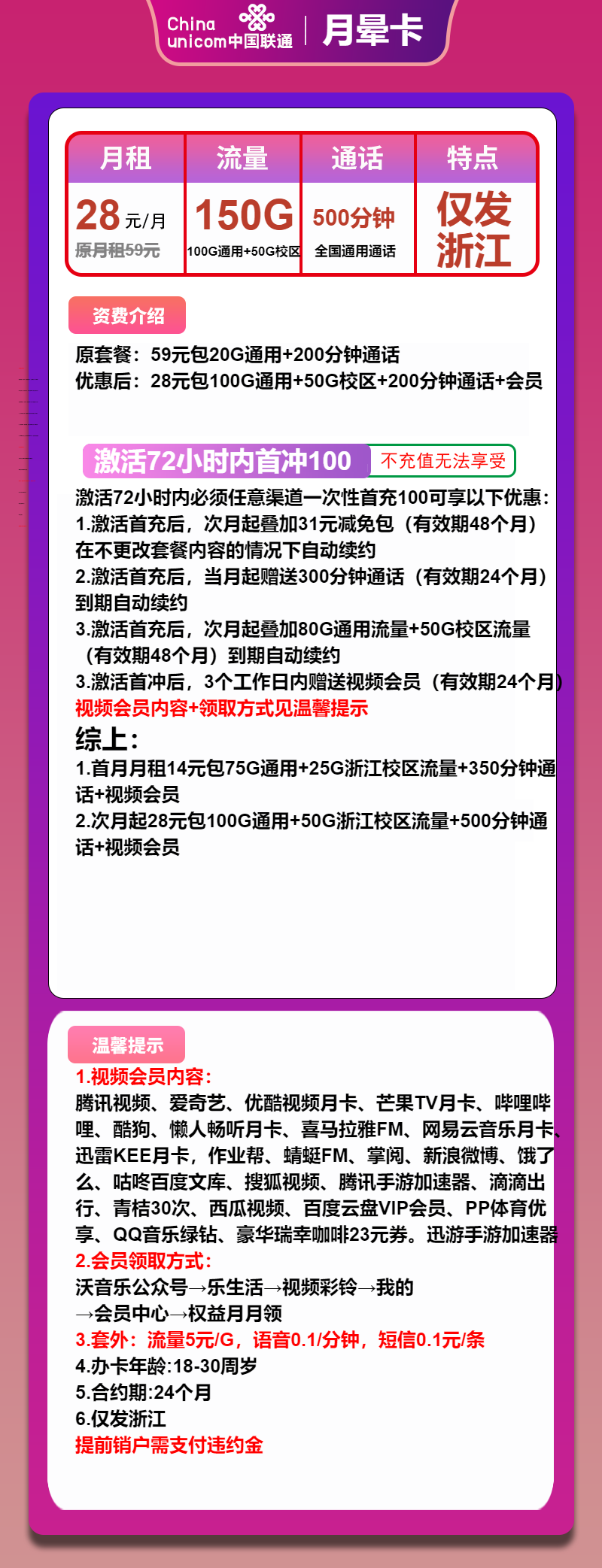 联通月晕卡28元/月：150G流量+500分钟通话+会员（长期套餐，2年视频会员，仅发浙江省内）