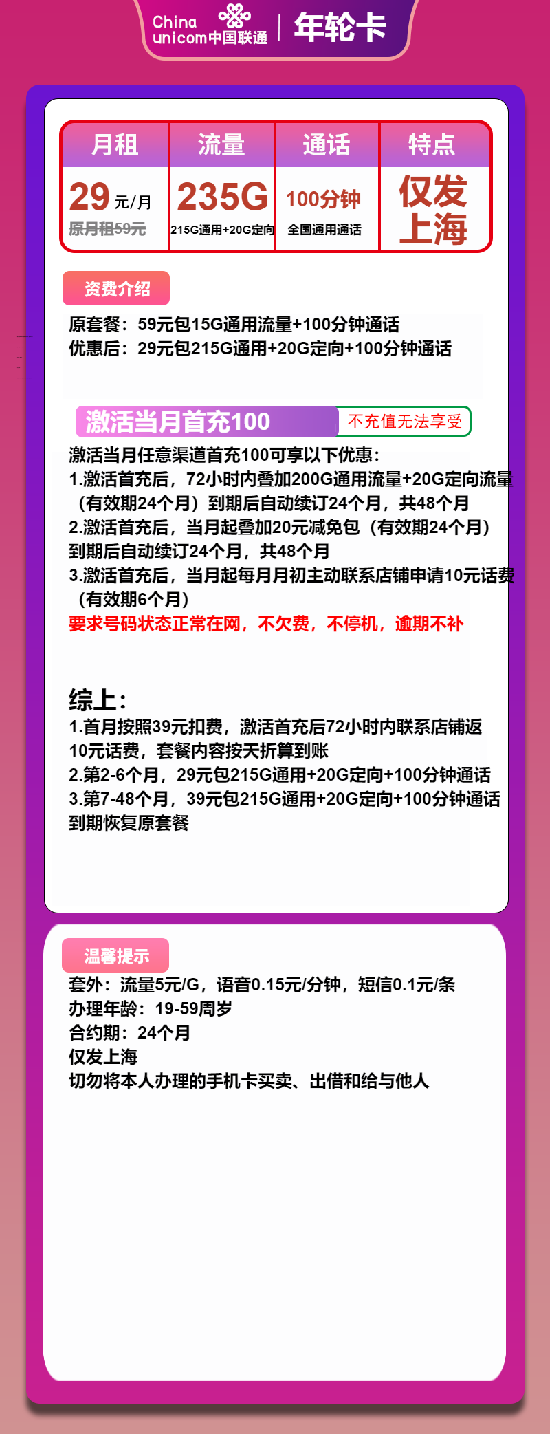 联通年轮卡29元/月：235G流量+100分钟通话（4年套餐，仅发上海市内）