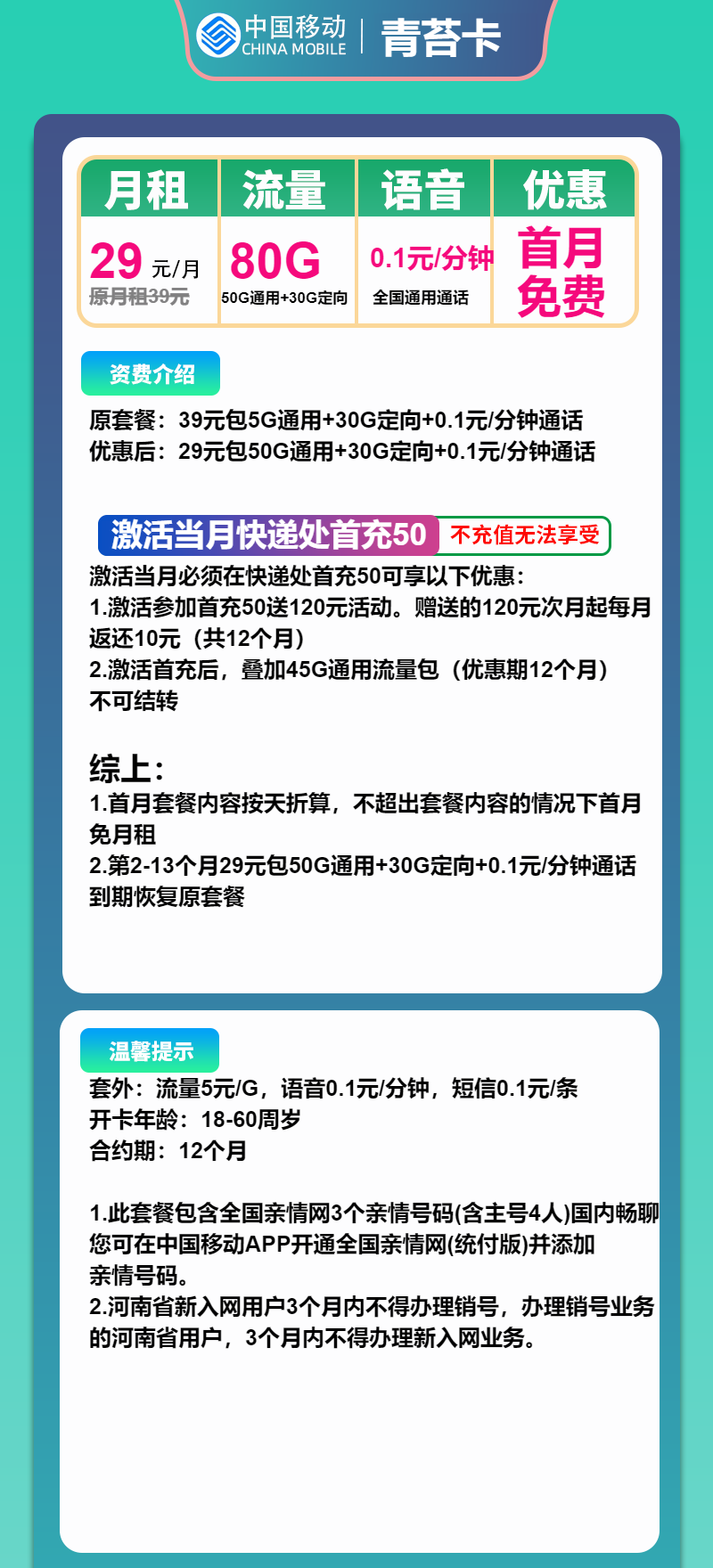 移动青苔卡29元/月：80G流量+通话0.1元/分钟（1年套餐，收货地为归属地）