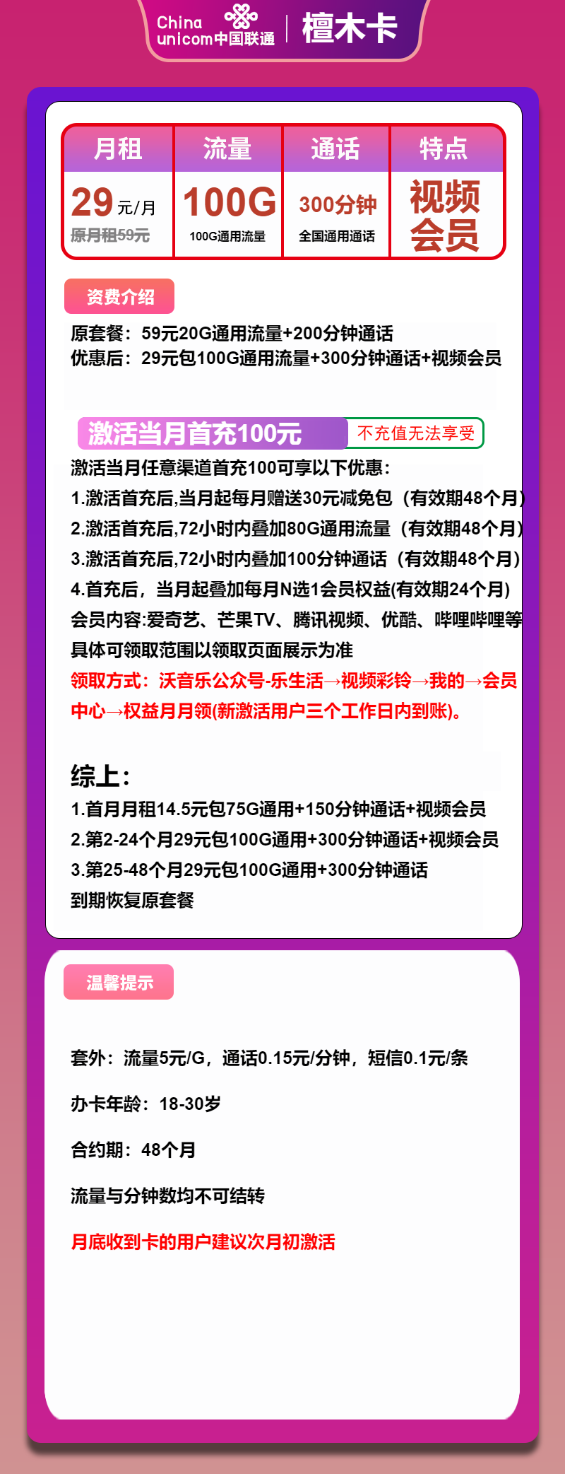 联通檀木卡29元/月：100G流量+300分钟通话+会员（4年套餐，送2年视频会员）