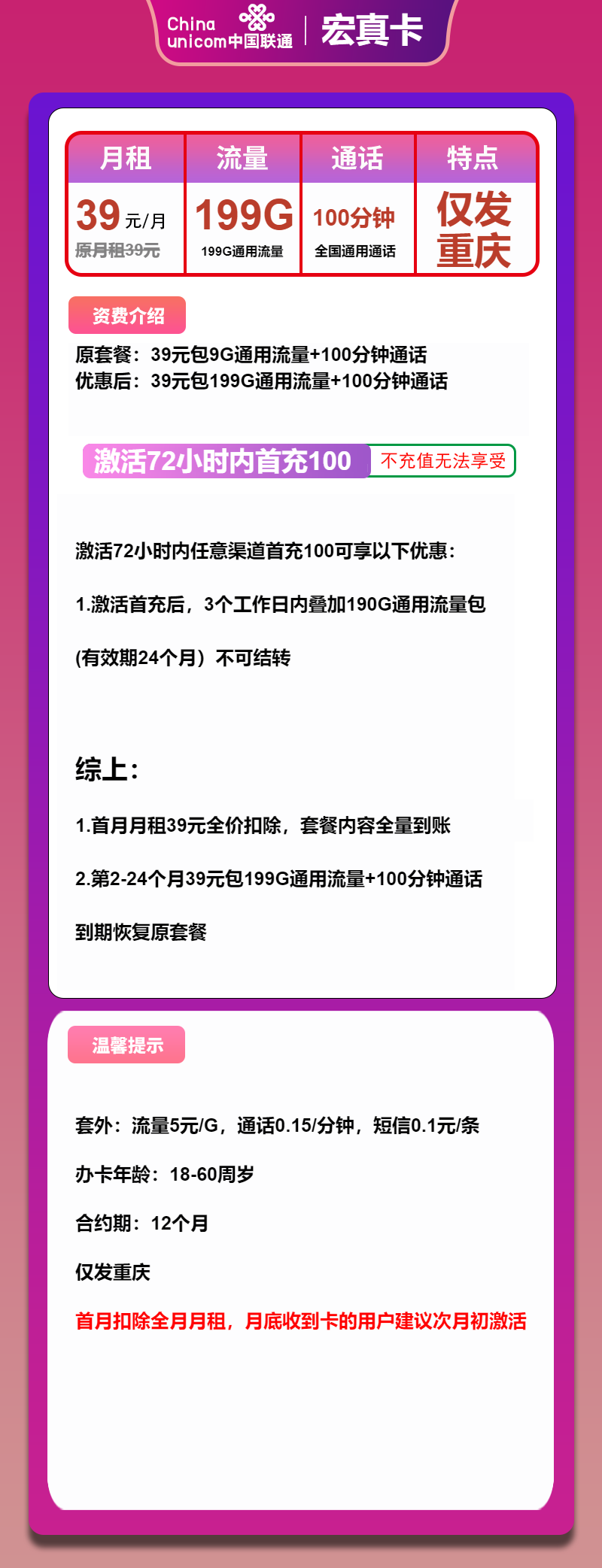 联通宏真卡39元/月：199G流量+100分钟通话（2年套餐，仅发重庆市内）