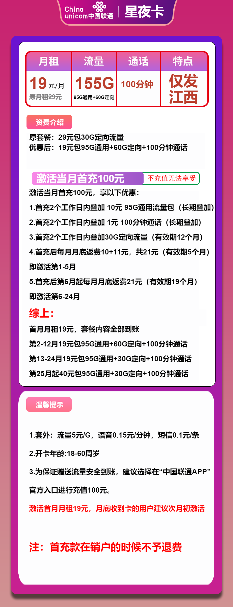 联通星夜卡19元/月：155G流量+100分钟通话（第25个月起40元月租，长期套餐，仅发江西省内）