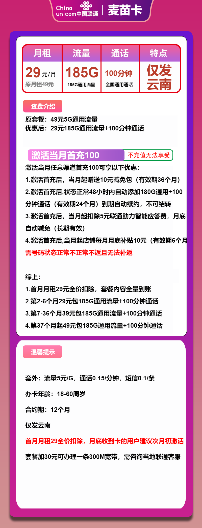 联通麦苗卡29元/月：185G流量+100分钟通话（第7个月起39元月租，第37个月起49元月租，长期套餐，仅发云南省内，可选号）