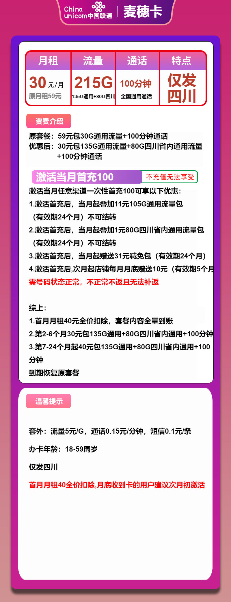 联通麦穗卡30元/月：215G流量+100分钟通话（第7个月起40元月租，2年套餐，大流量卡，仅发四川省内）