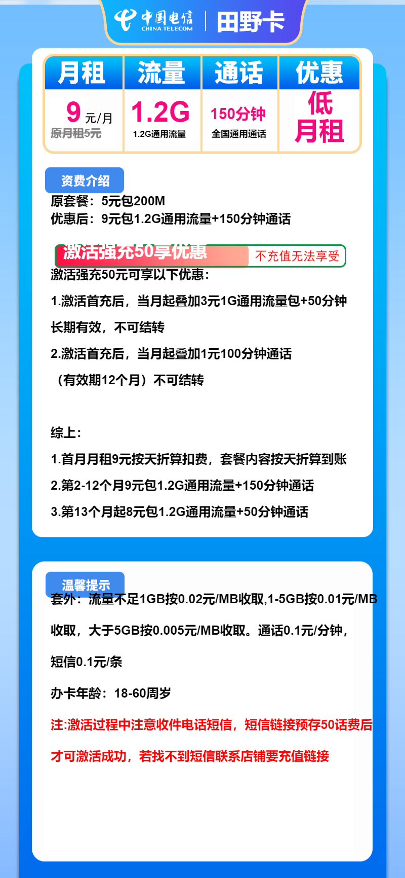 电信田野卡9元/月：1.2G流量+150分钟通话（长期套餐）