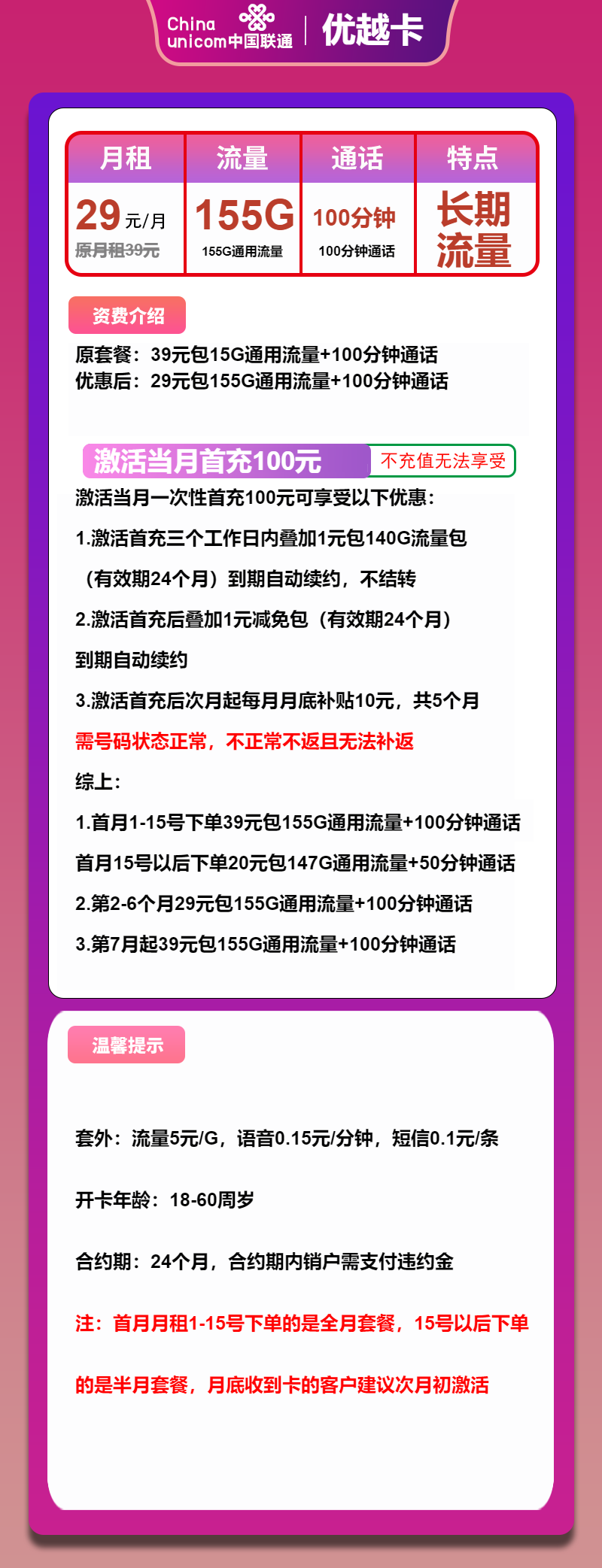 联通优越卡29元/月：155G流量+100分钟通话（第7个月起39元月租，长期套餐）