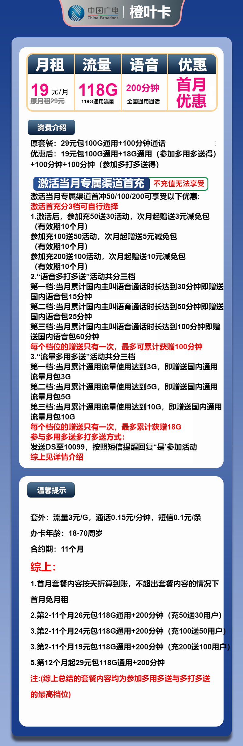 广电橙叶卡19元/月：118G流量+200分钟通话（第12个月起29元月租，长期套餐，流量可结转，收货地为归属地，可选号）