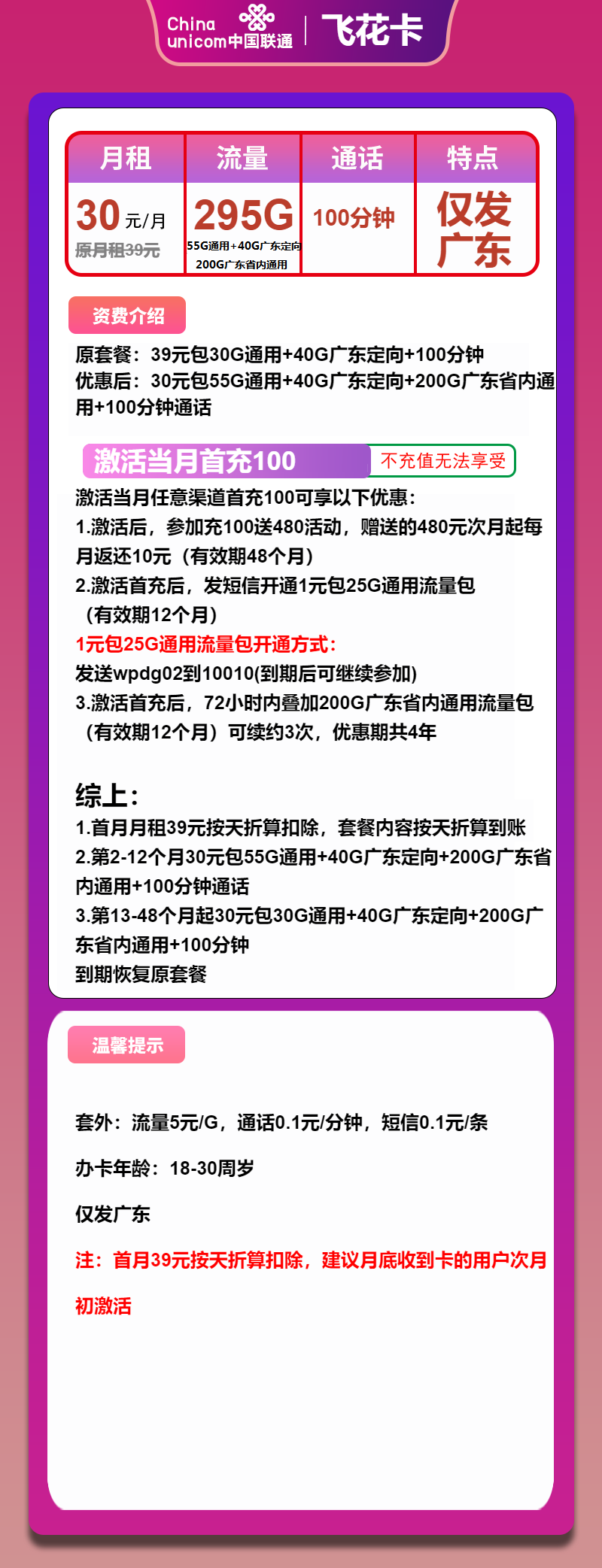 联通飞花卡30元/月：295G流量+100分钟通话（4年套餐，仅发广东省内）