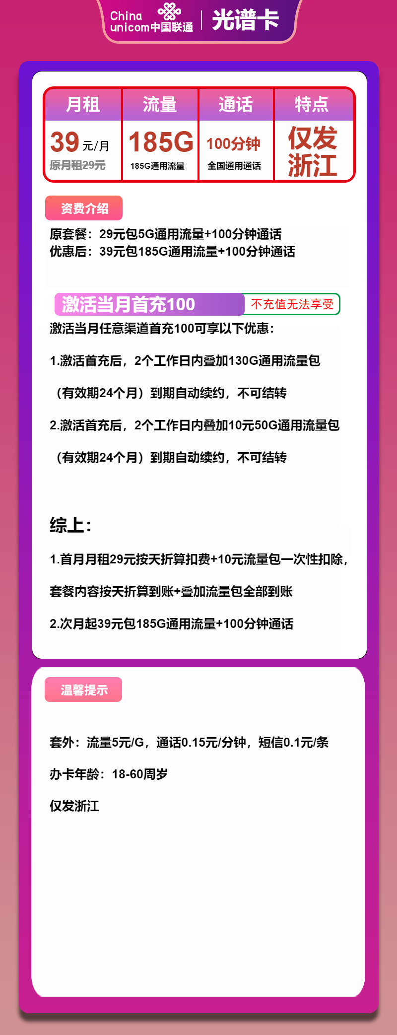 联通光谱卡39元/月：185G流量+100分钟通话（长期套餐，仅发浙江省内）