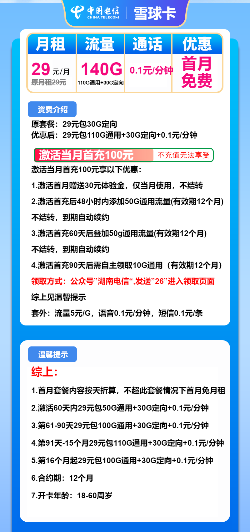 电信雪球卡①29元/月：140G流量+通话0.1元/分钟（长期套餐，可选号）