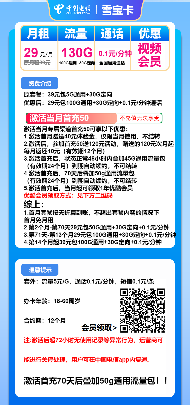 电信雪宝卡①29元/月：130G流量+通话0.1元/分钟（第14个月起39元月租，长期套餐，送1年优酷会员）