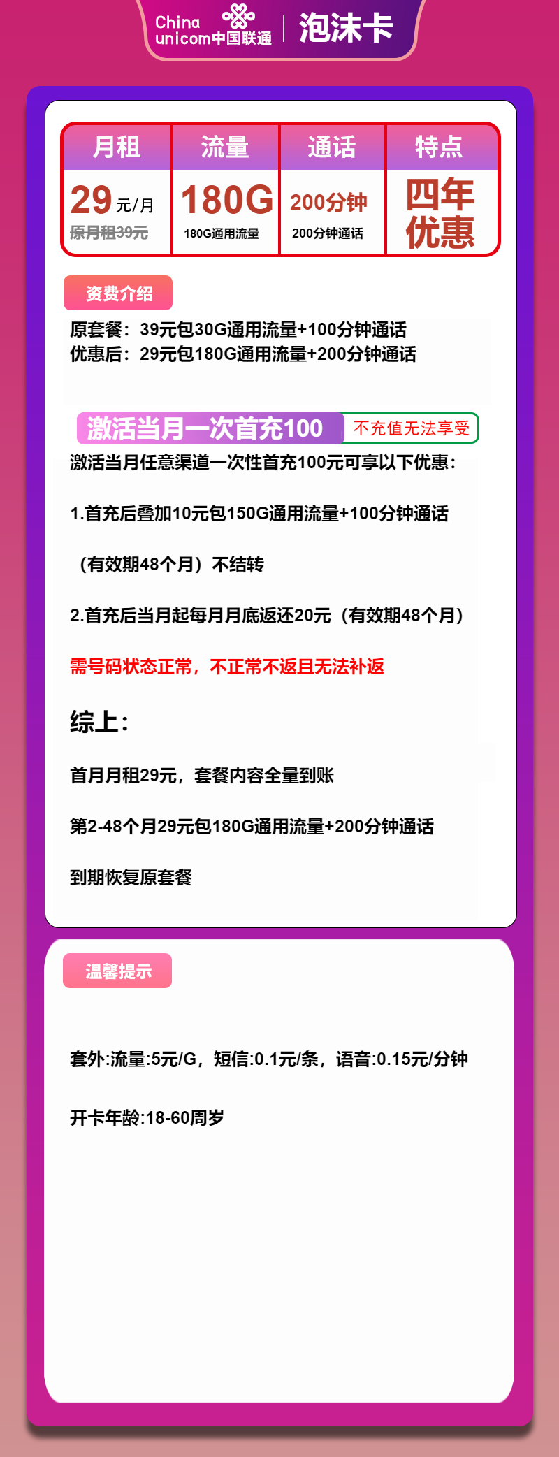 联通泡沫卡29元/月：180G流量+200分钟通话（4年套餐，仅发安徽省内）