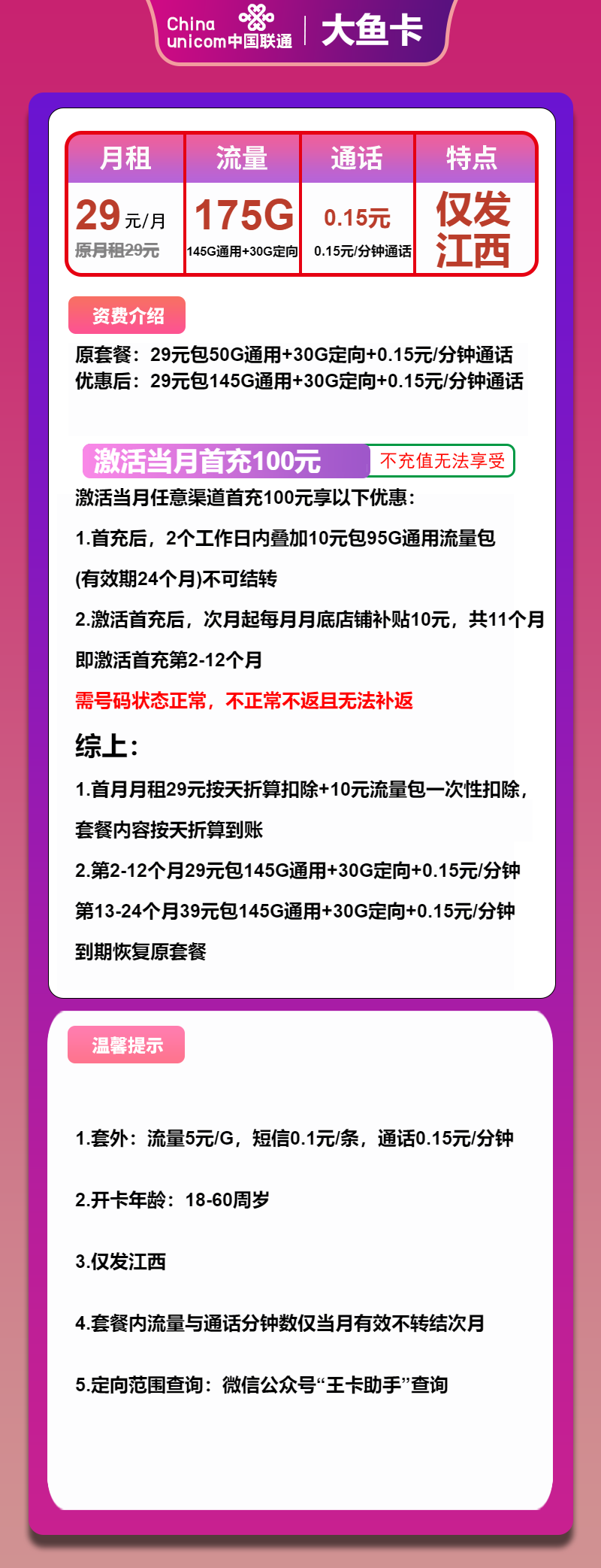 联通大鱼卡29元/月：175G流量+通话0.1元/分钟（第13个月起39元月租，大流量卡，仅发江西省内）